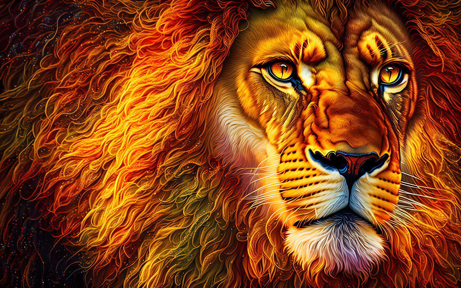 Vibrant lion illustration with fiery mane on fiery background