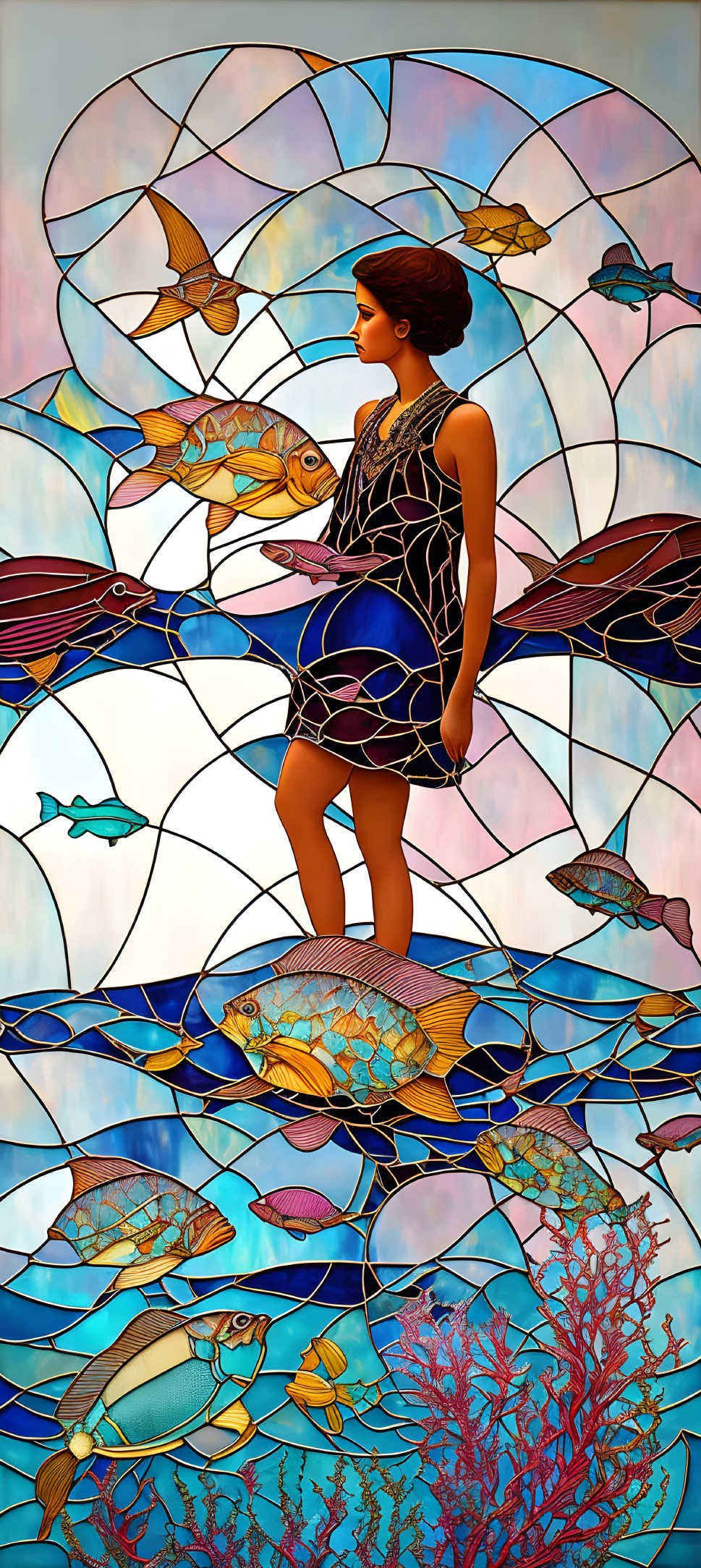 Woman standing before vibrant aquatic stained-glass window