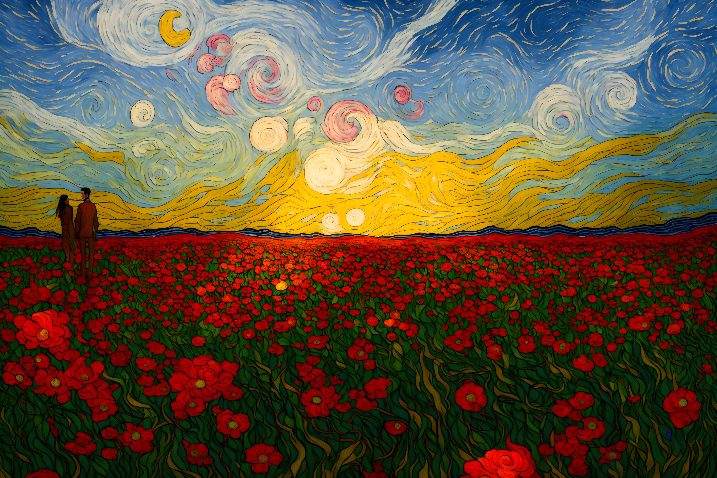 Stylized painting of couple in vibrant poppy field under Van Gogh-inspired sky