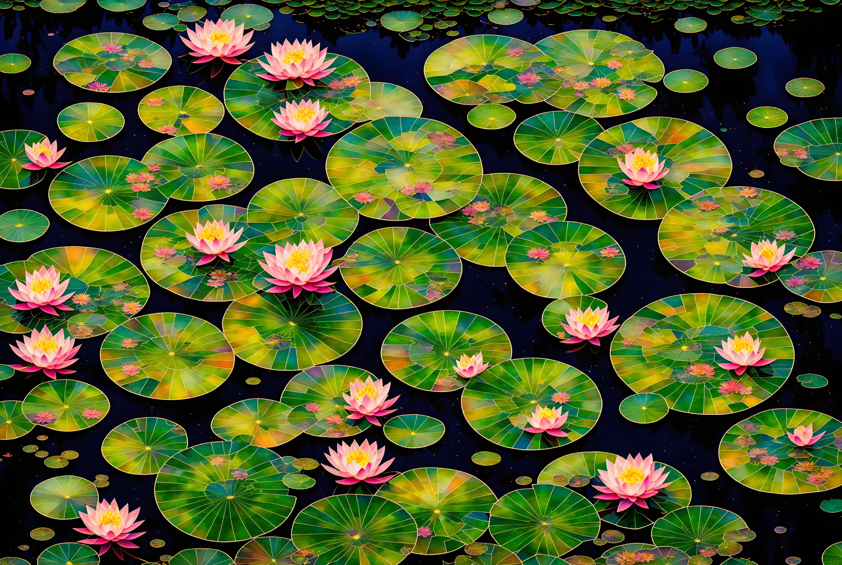 Colorful Pond Scene with Green Lily Pads and Pink Water Lilies