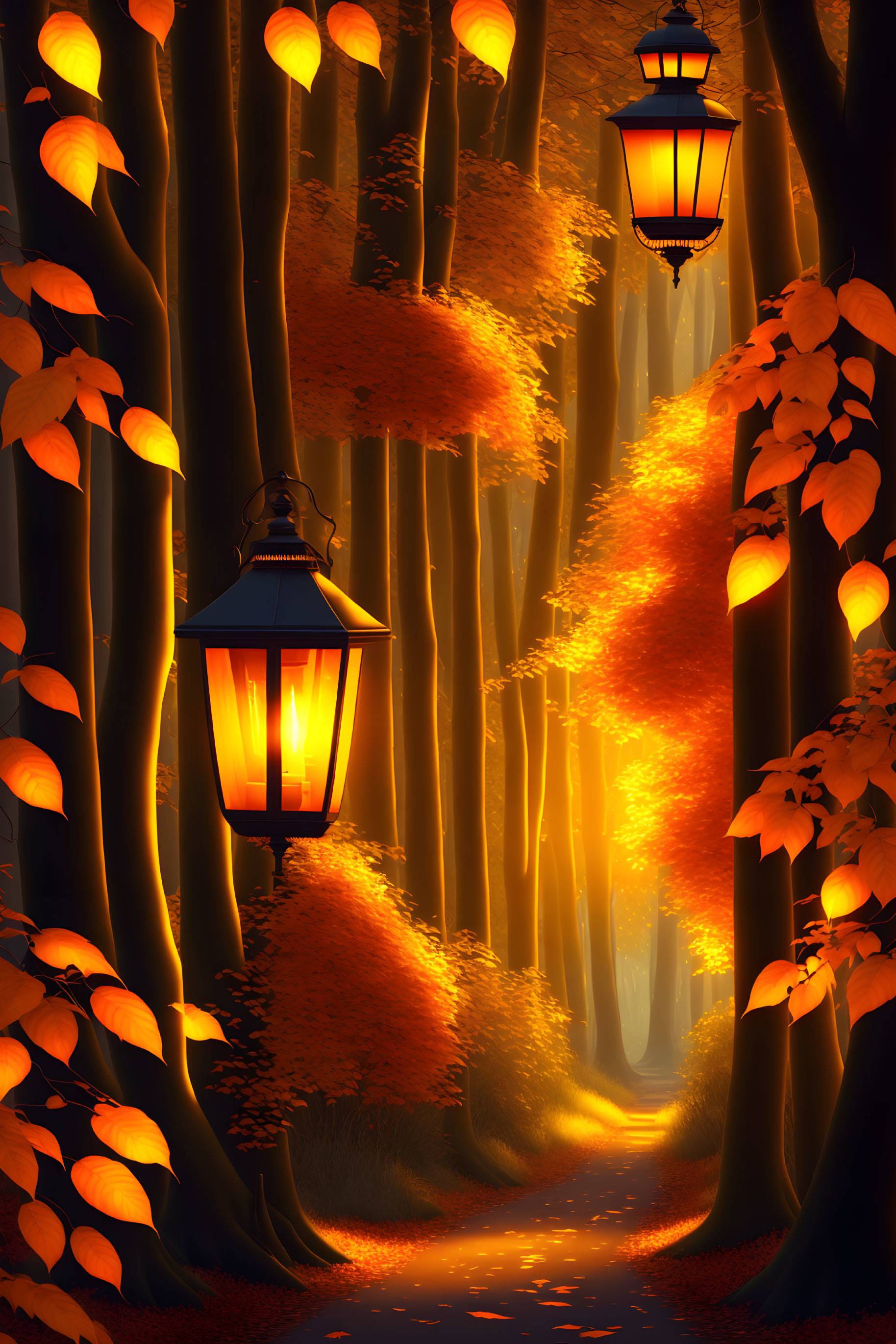 Enchanting Autumn Forest Path with Lanterns and Golden Leaves