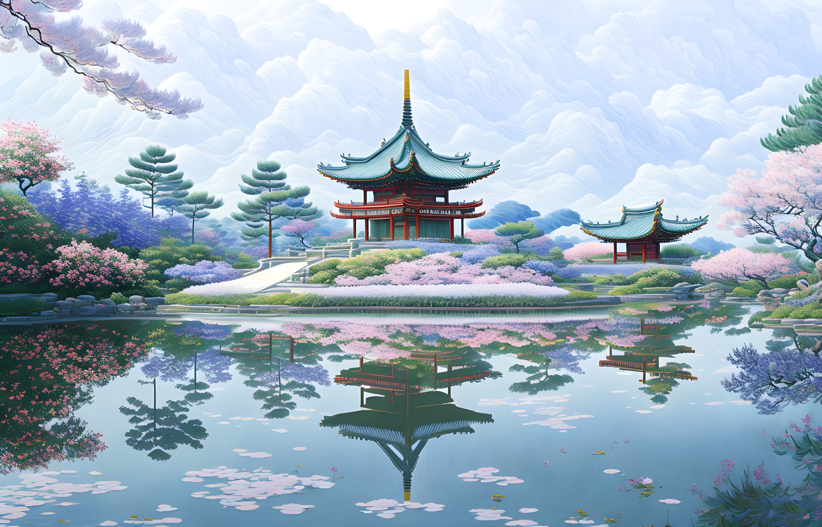 Tranquil Japanese Garden with Cherry Blossoms and Pagodas