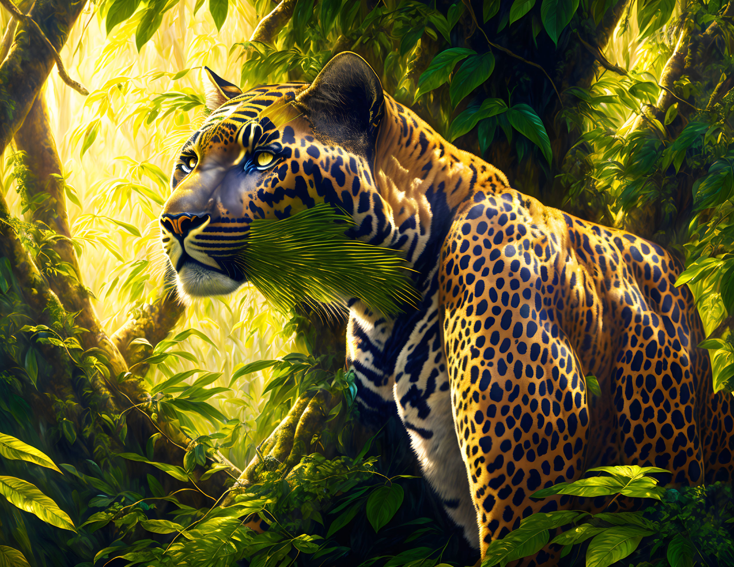 Colorful jaguar in jungle with sun rays.