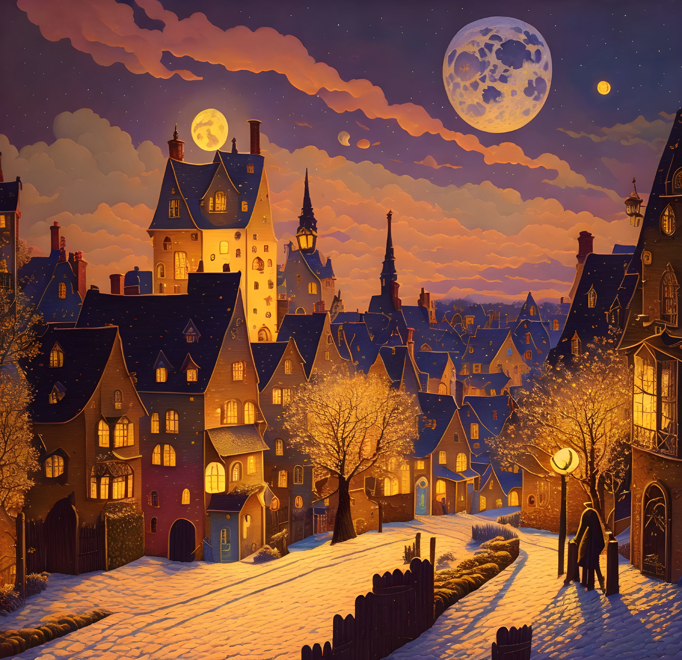 Snow-covered village at night with full moon and silhouettes.