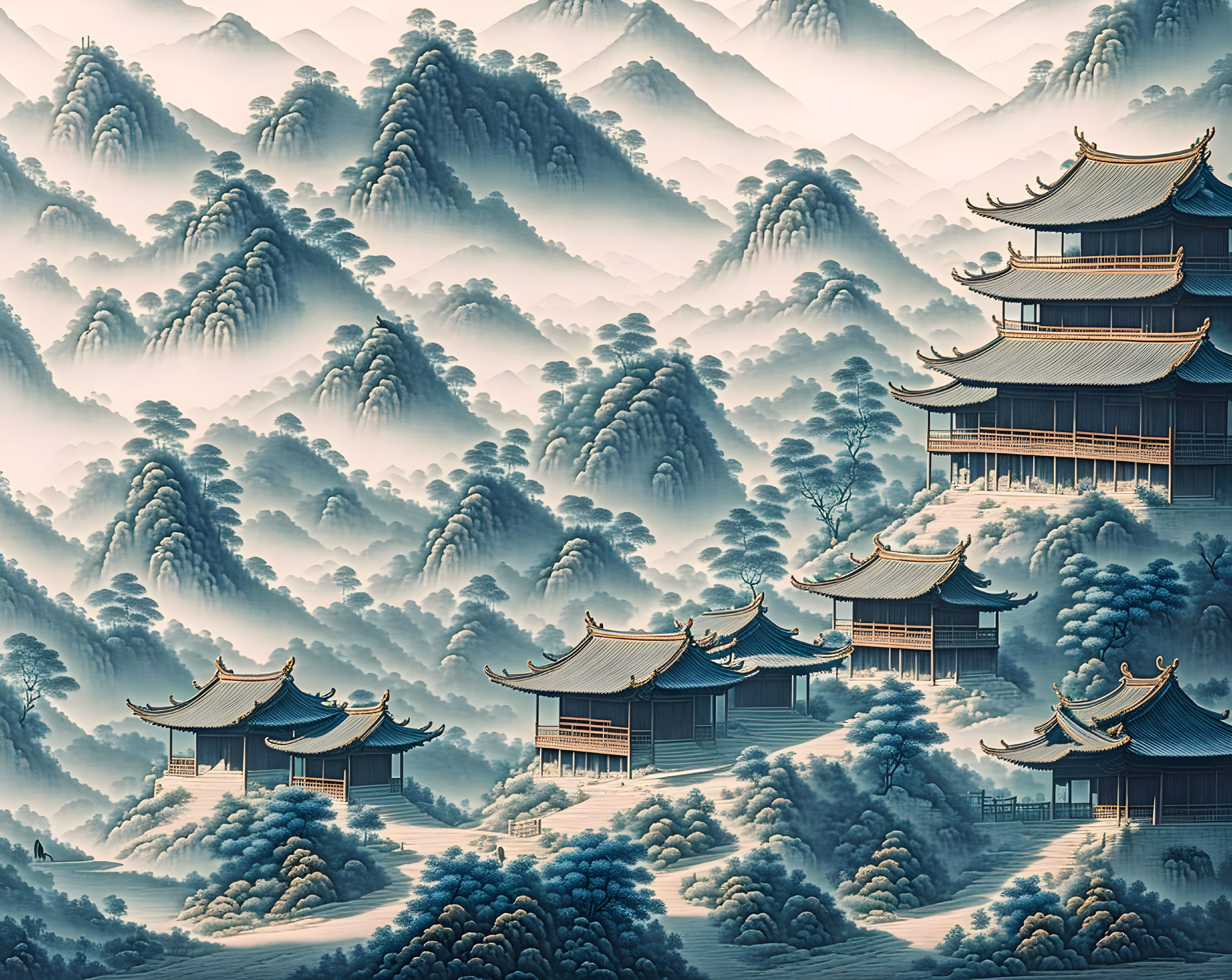 Scenic Asian landscape with misty mountains and pagoda-style buildings