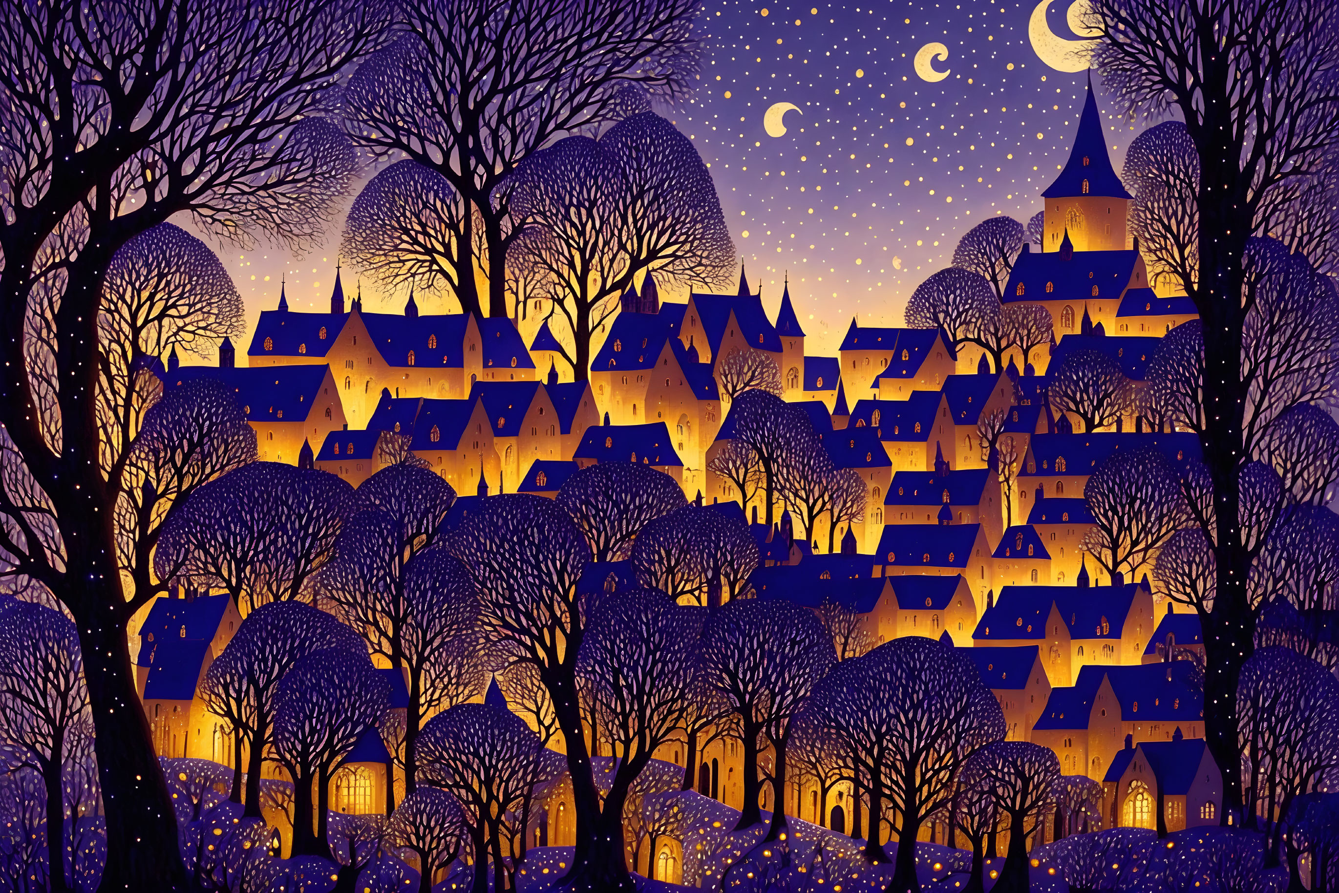 Illustrated night scene of quaint village with glowing windows and starry sky