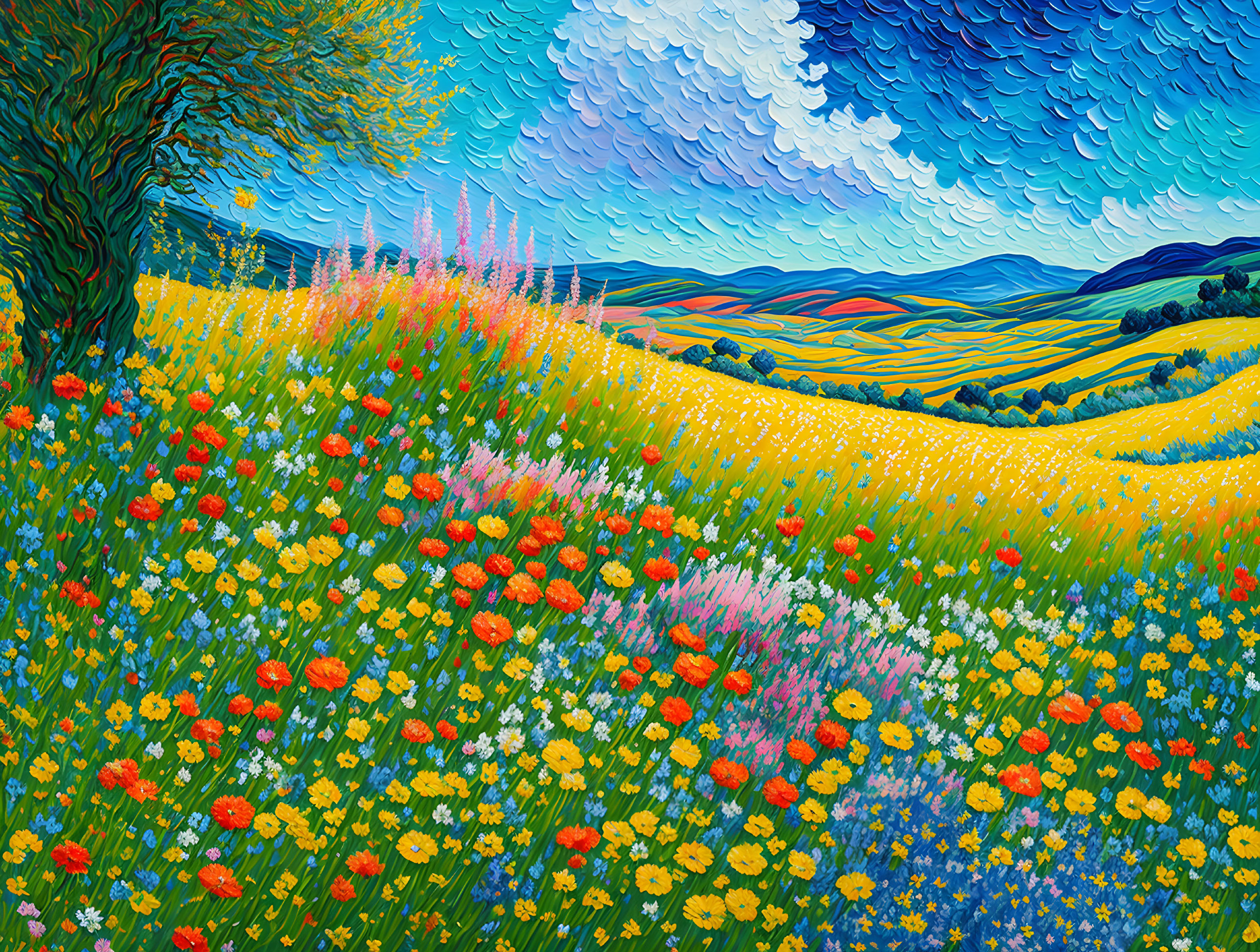 Impressionistic painting of lush meadow with multicolored flowers