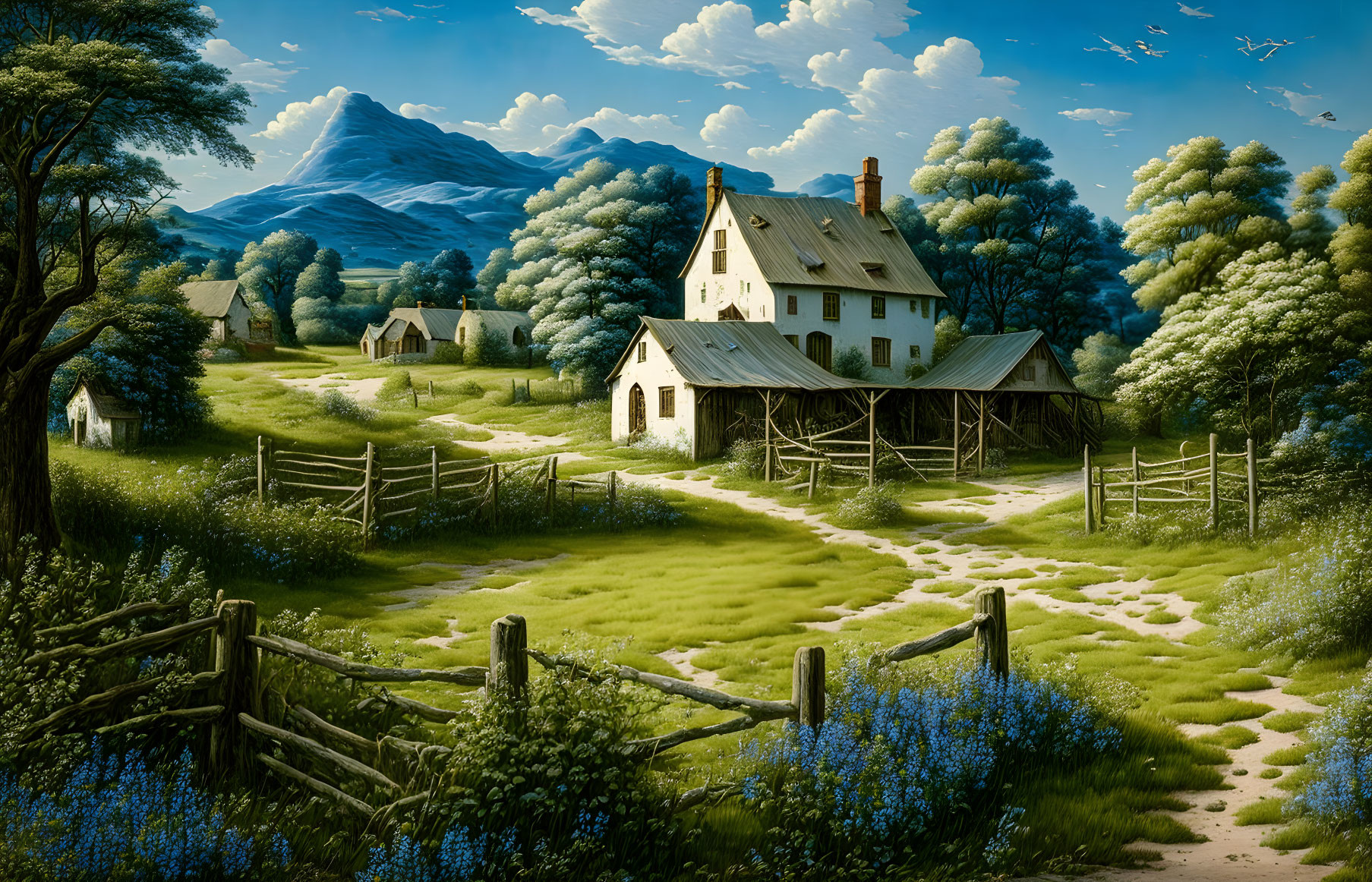 Tranquil rural scene with house, fences, trees, pastures, and mountains