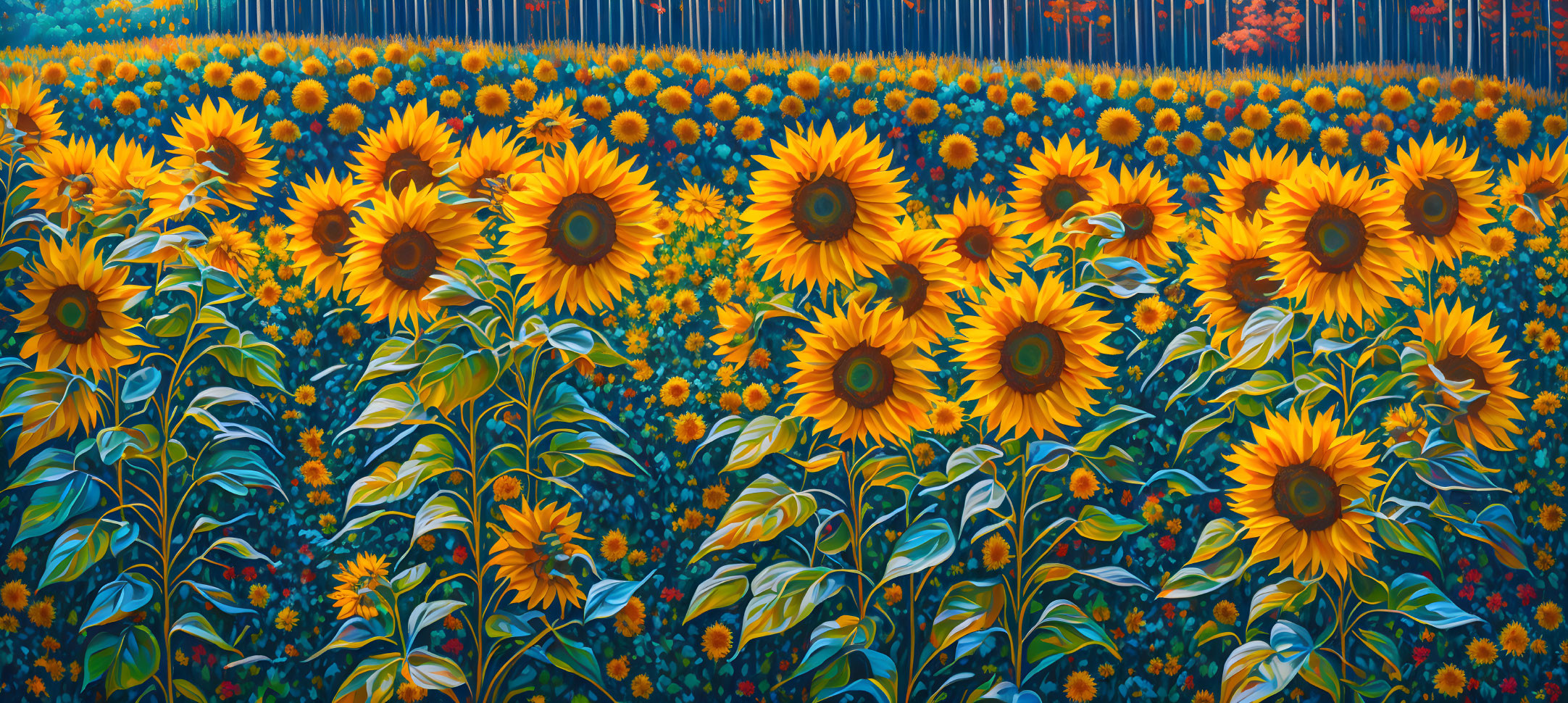 Lush sunflower field with varied bloom sizes