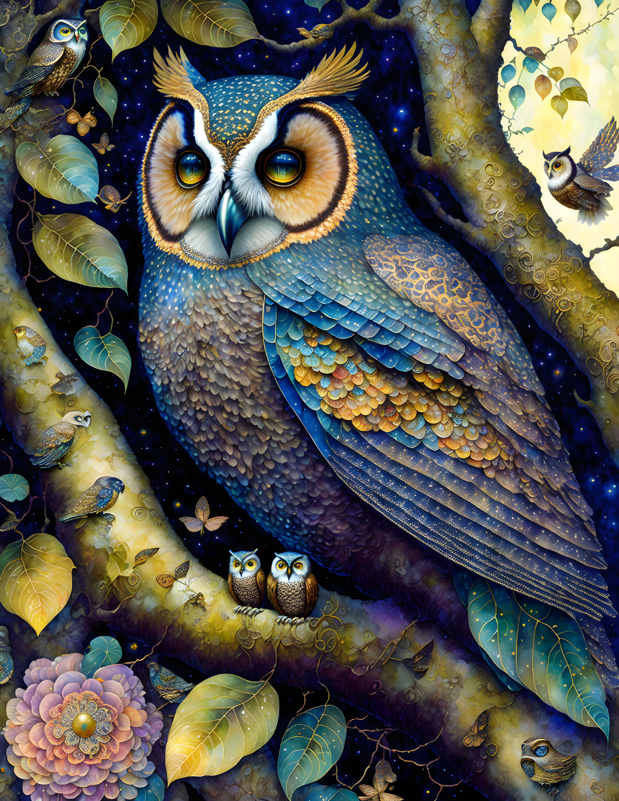 Colorful Owl Illustration with Intricate Feathers on Dark Background