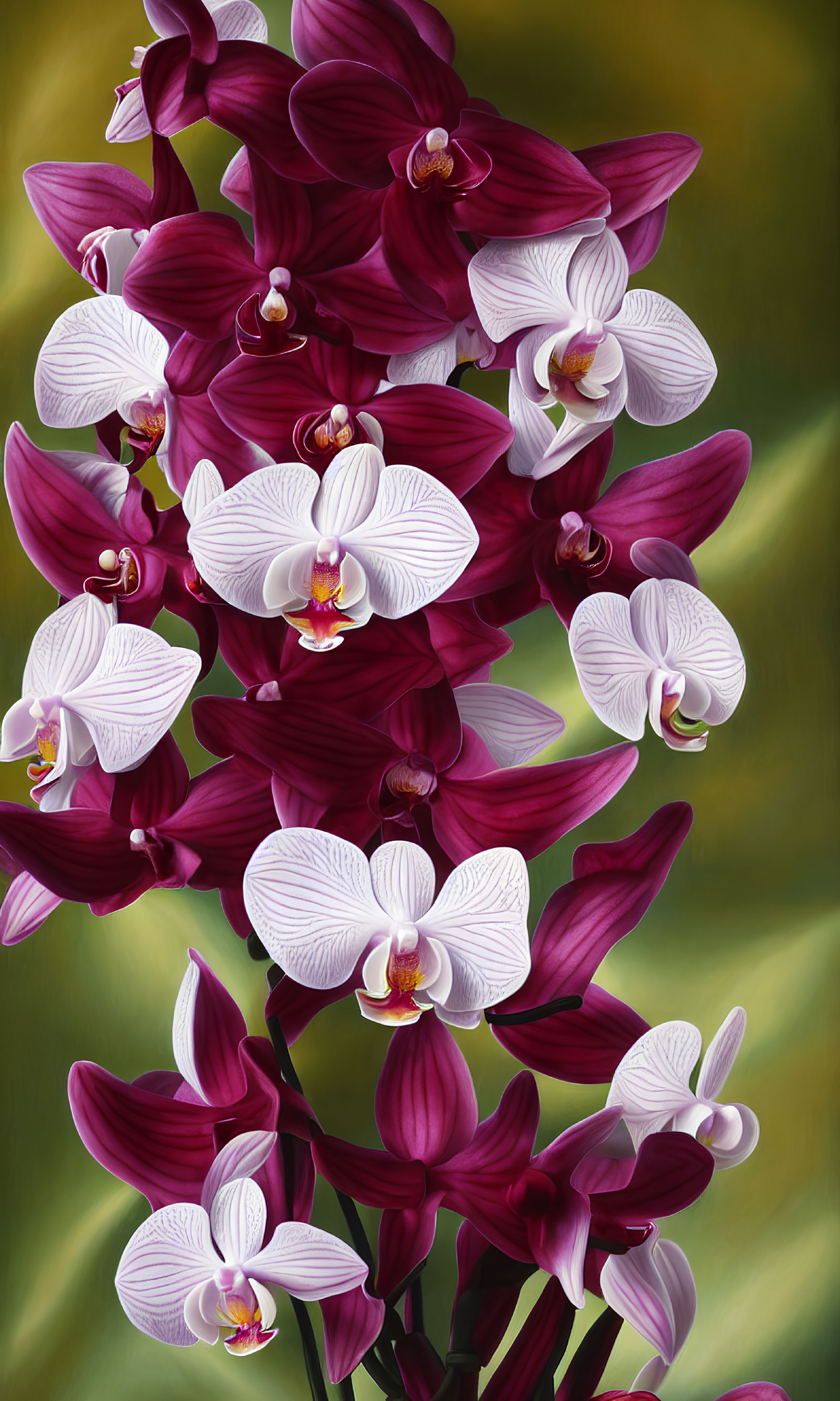 Vertical arrangement of white and magenta orchids on green and yellow backdrop