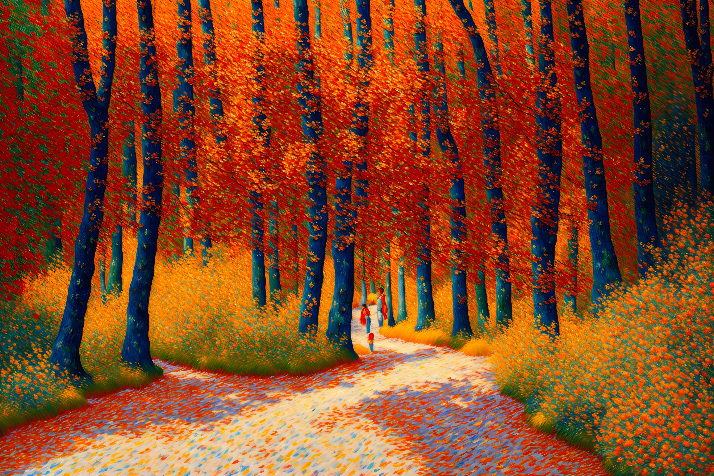 Autumn forest painting with winding path and colorful foliage