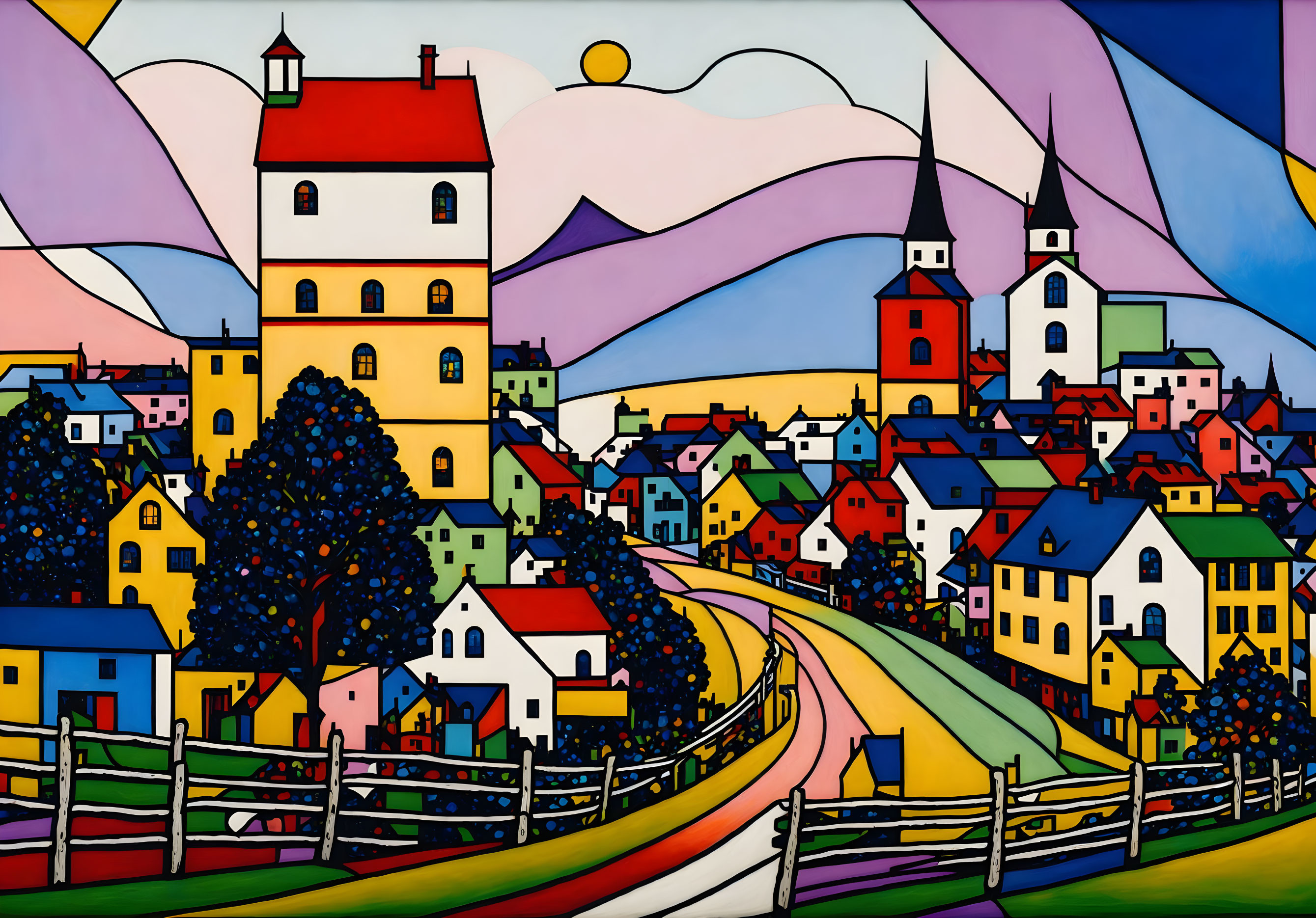 Whimsical town painting with colorful buildings and sunset sky