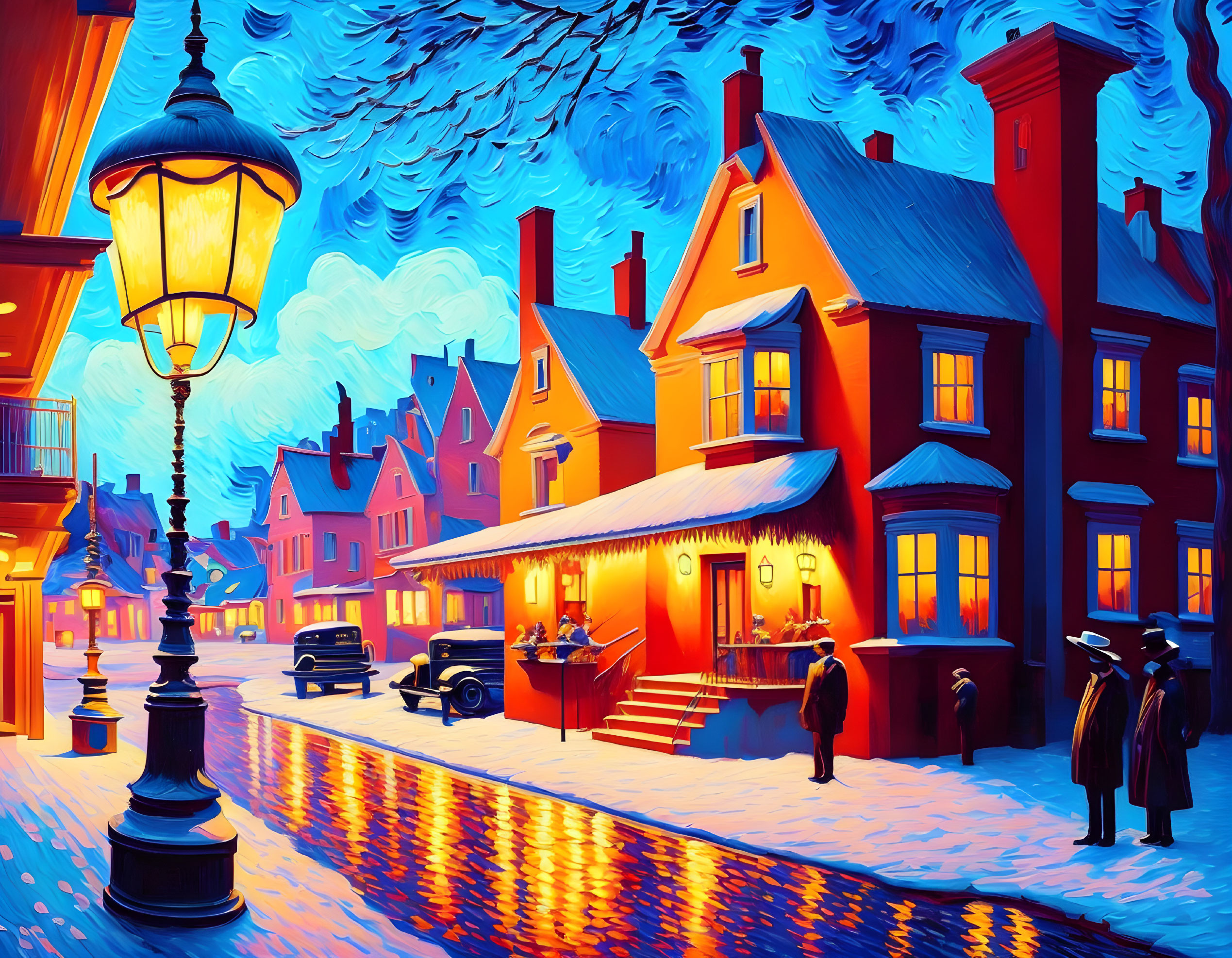 Vibrant painting of snowy village scene with people and street lamps