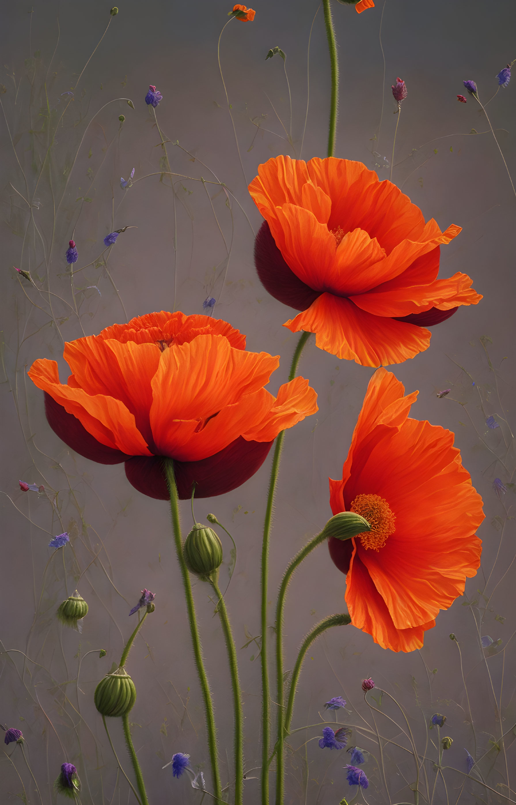 Colorful Poppy and Blue Flower Art Print on Grey Background