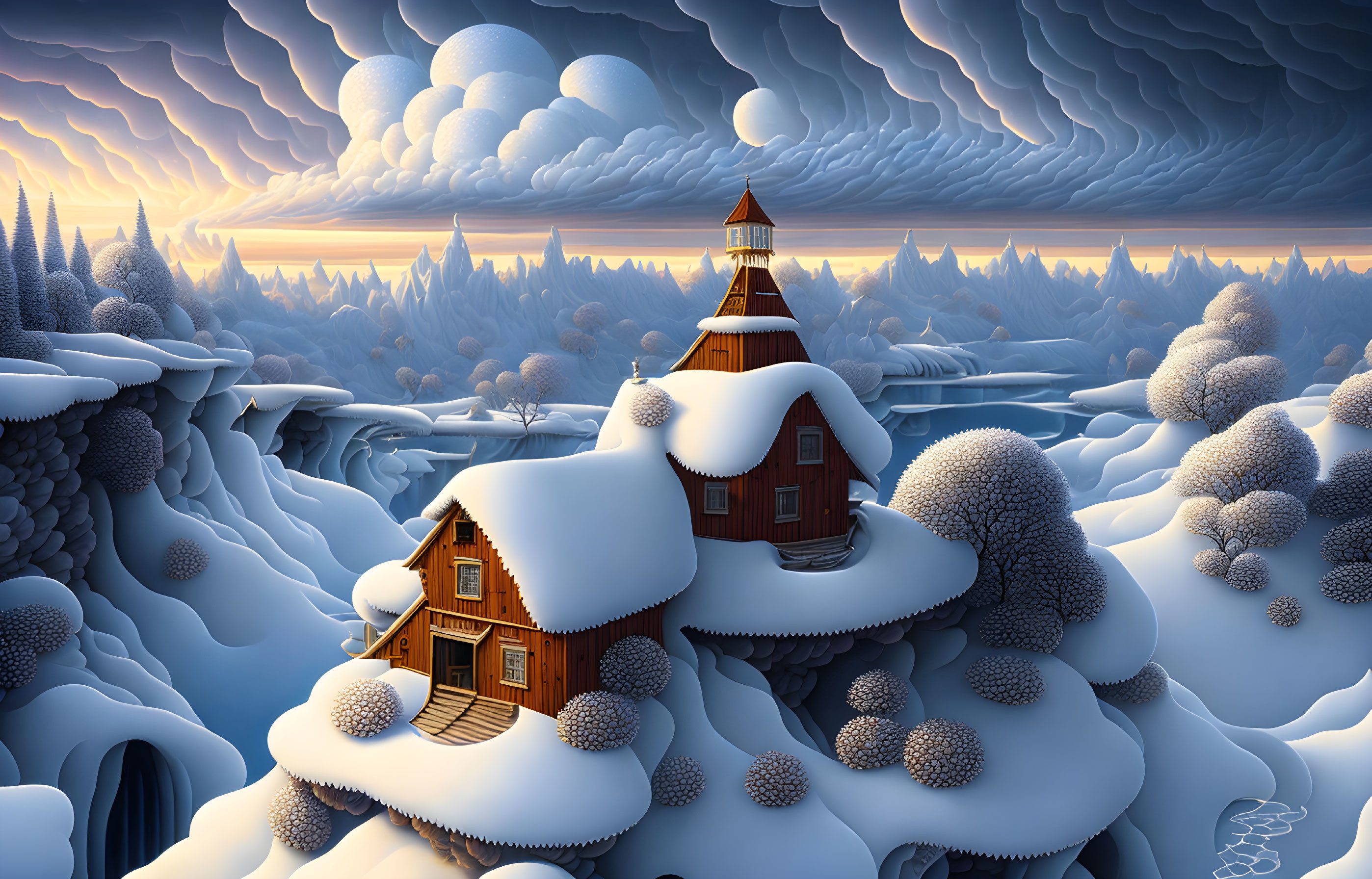 Snow-covered trees and wooden house in winter landscape with dramatic sky