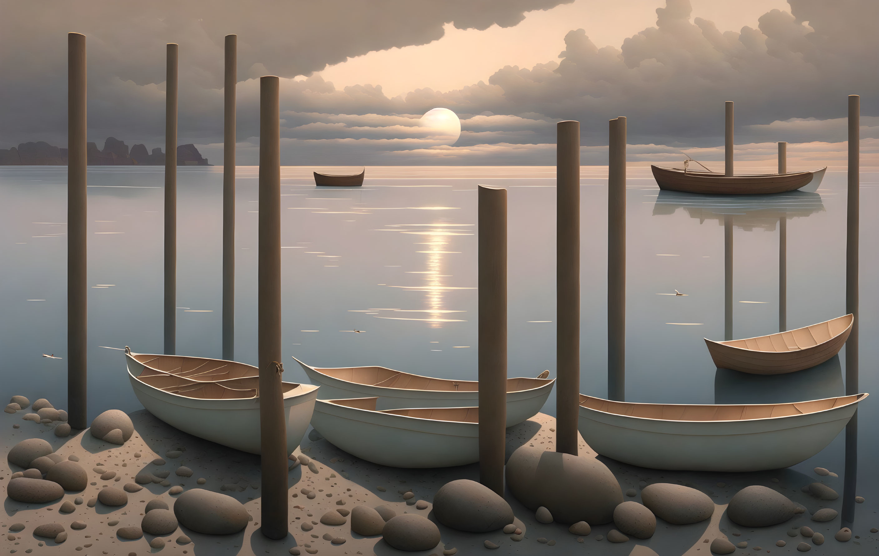 Boats on calm water at sunset with pillars, stones, and distant hills