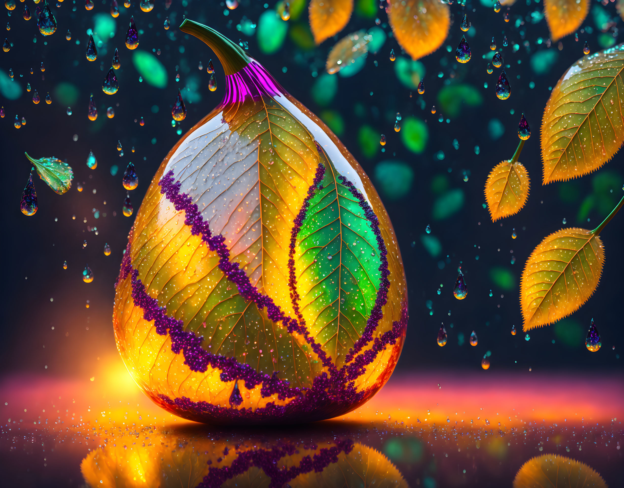 Colorful leaf-patterned pumpkin with water droplets on bokeh background.