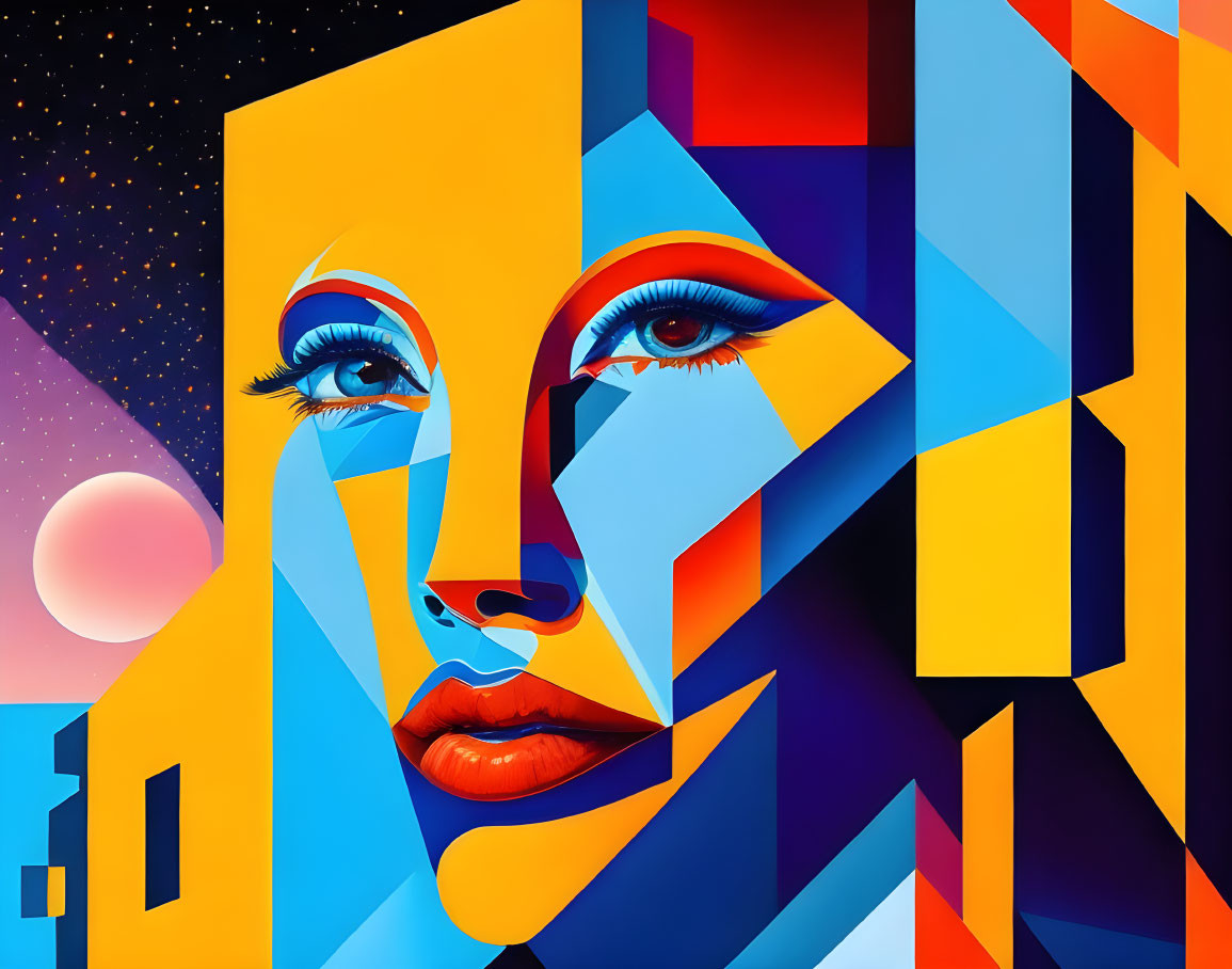 Colorful Geometric Abstract Portrait of Face with Celestial Elements