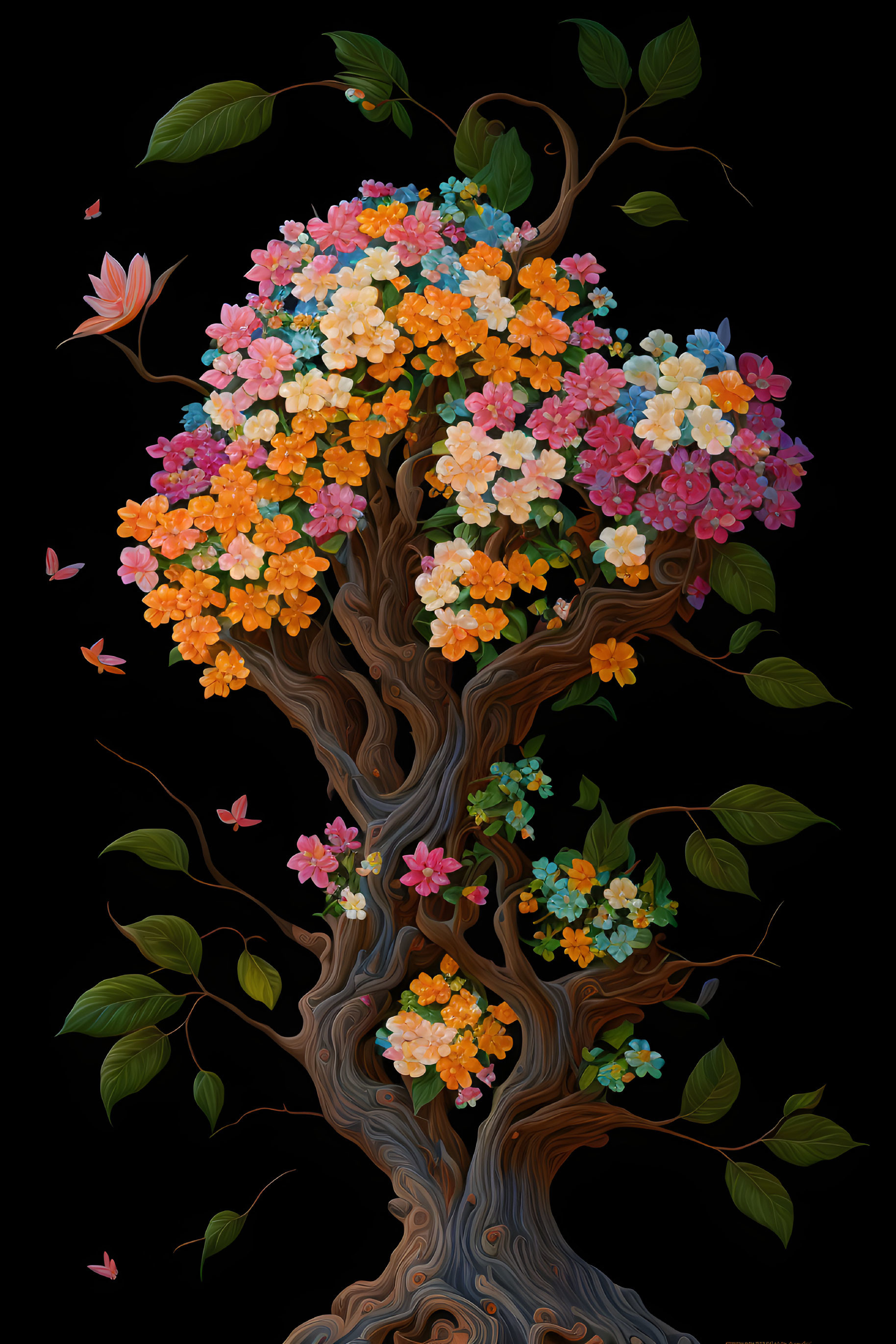 Colorful illustration of a flourishing tree with twisted trunk, adorned with vibrant flowers and butterflies