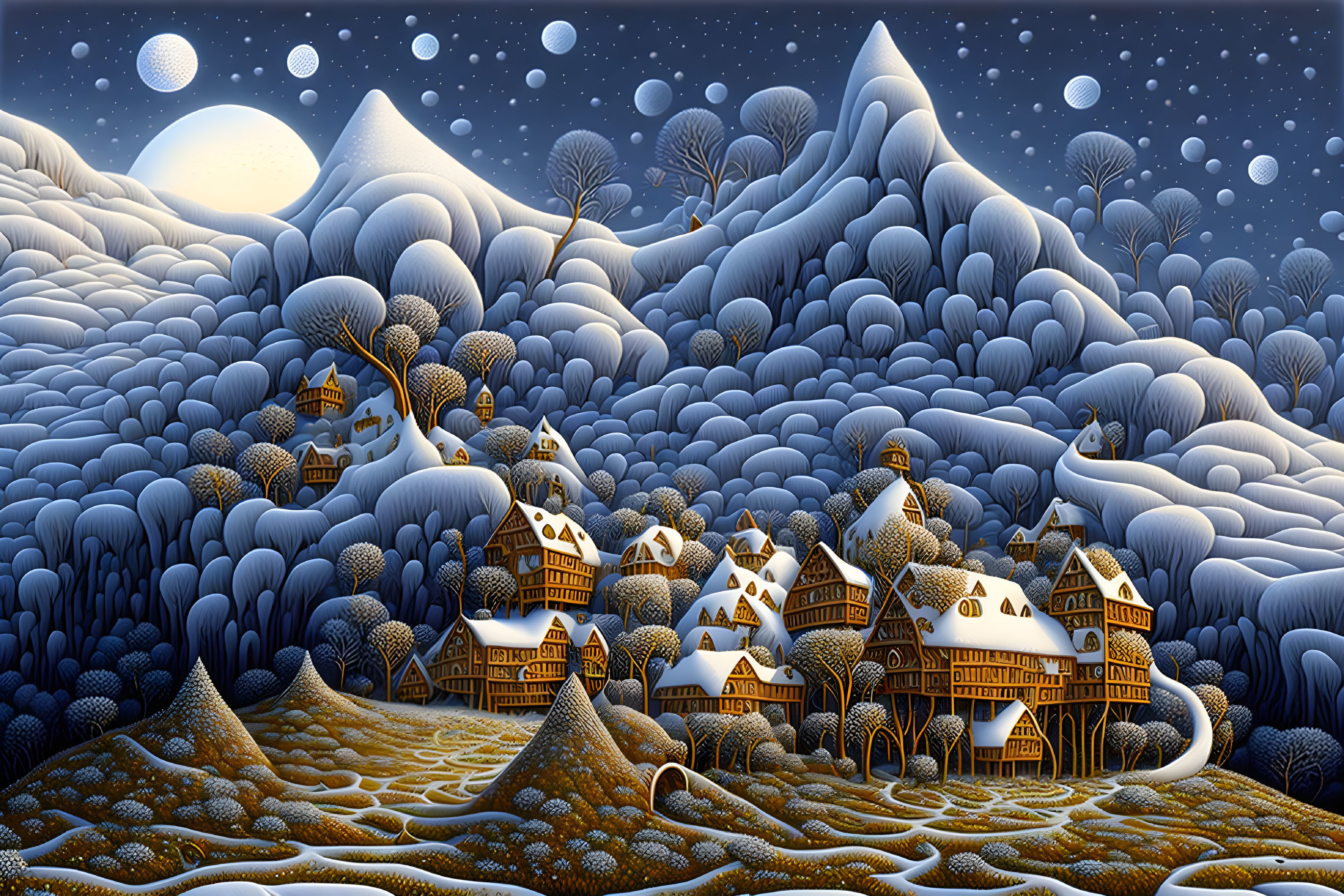 Whimsical snow-covered hills and cozy cottages in a nocturnal landscape