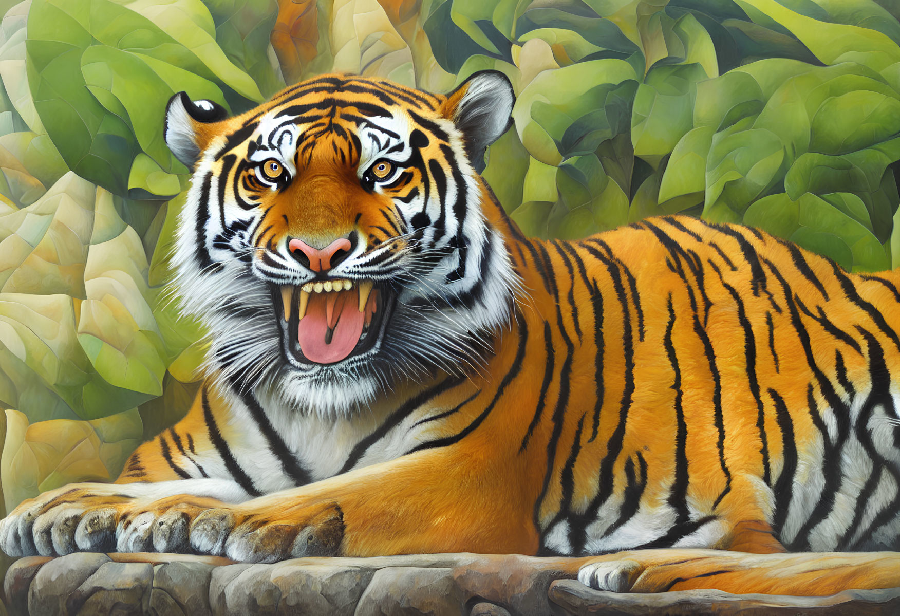 Colorful Bengal Tiger Painting with Orange Fur and Black Stripes