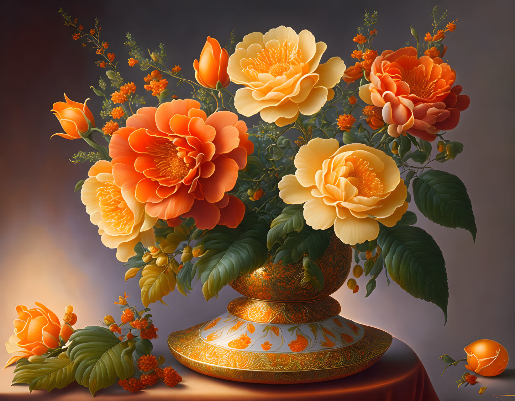 Colorful digital painting of orange and yellow blossoms in an ornate vase