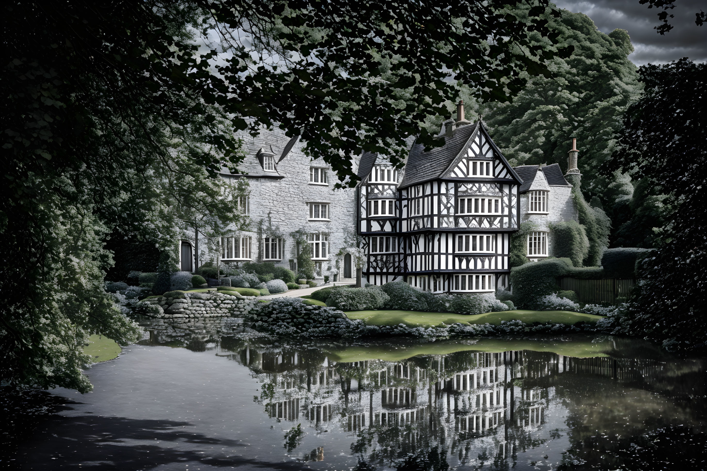 Traditional Tudor-style house surrounded by lush gardens and reflective pond.