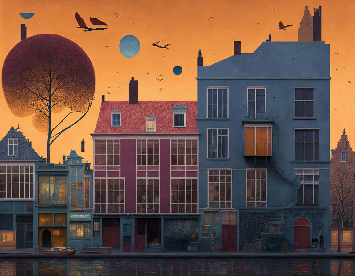 Tranquil canal at sunset with colorful European houses and whimsical elements