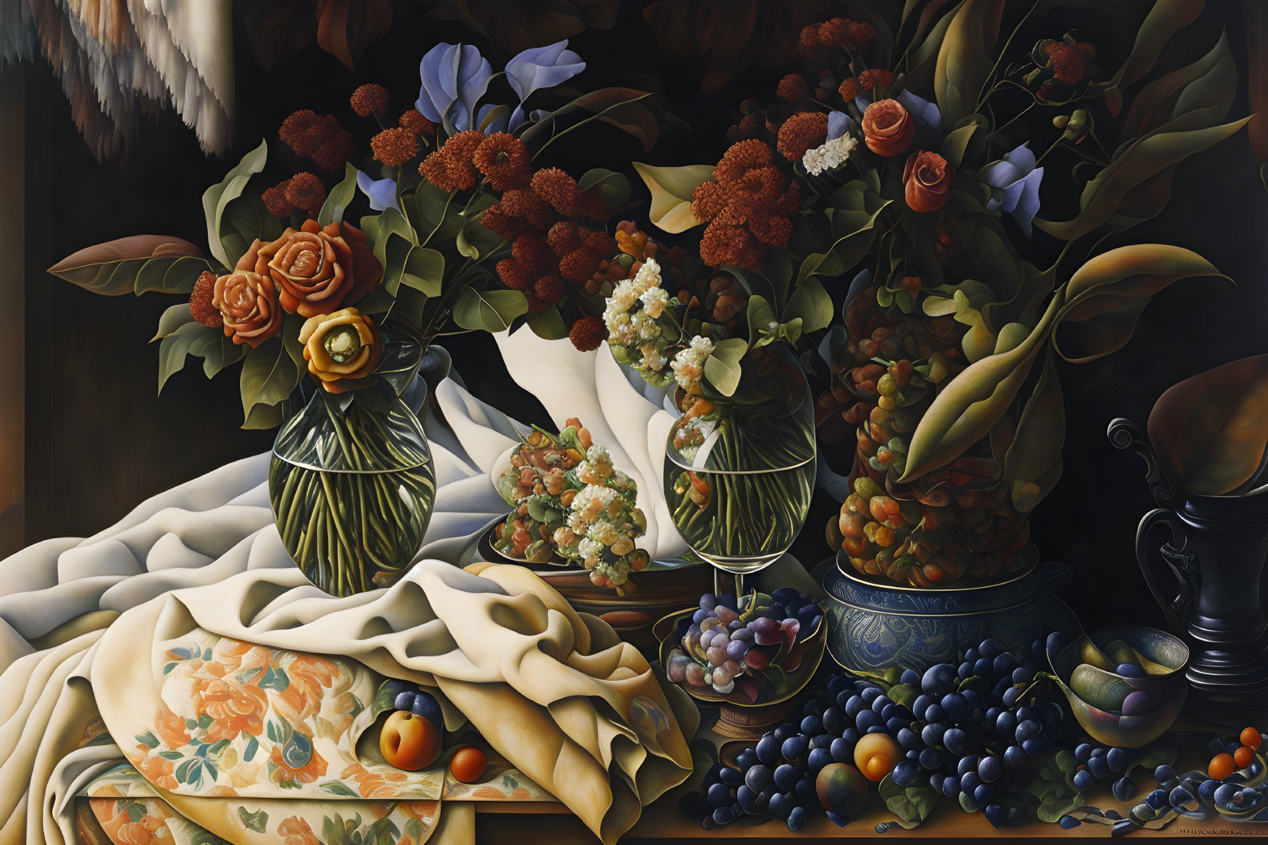 Classic Still Life Painting with Flowers, Fruits, and Dark Background