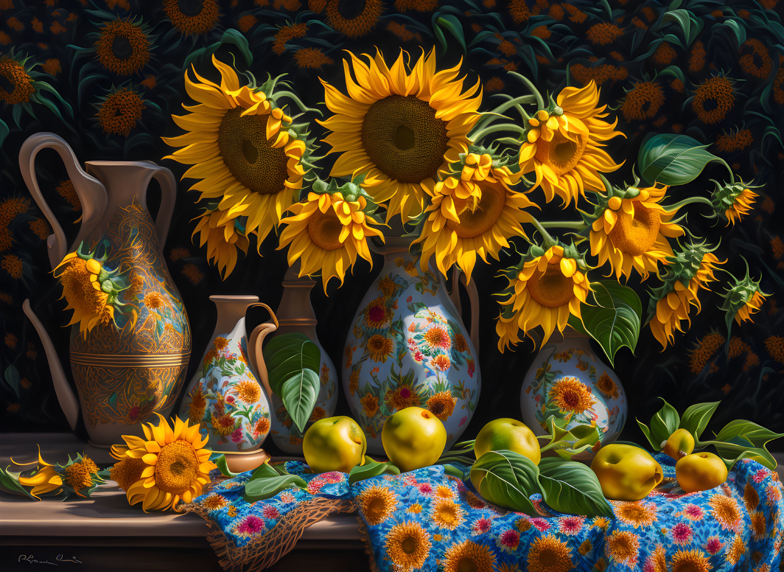 Colorful still life painting with sunflowers, apples, and sunflower field backdrop