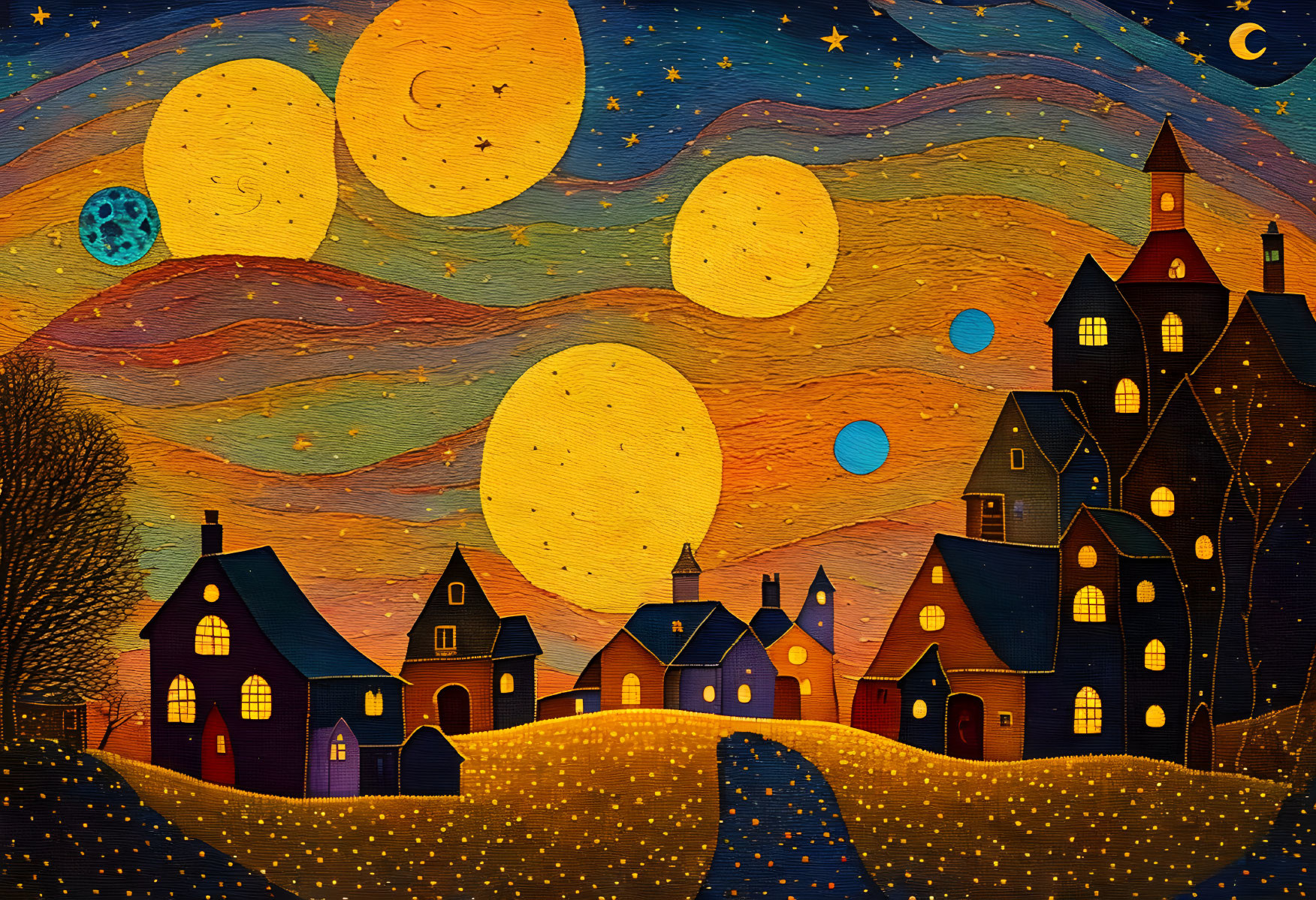 Nighttime landscape with multiple moons, stars, and illuminated village windows