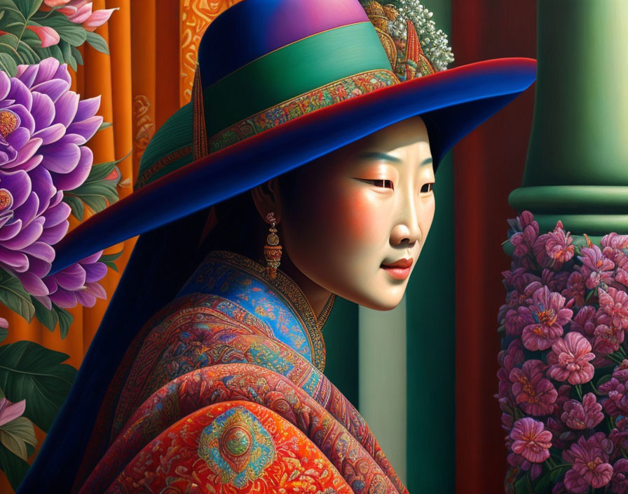 Asian woman in traditional outfit with wide-brimmed hat and vibrant flowers