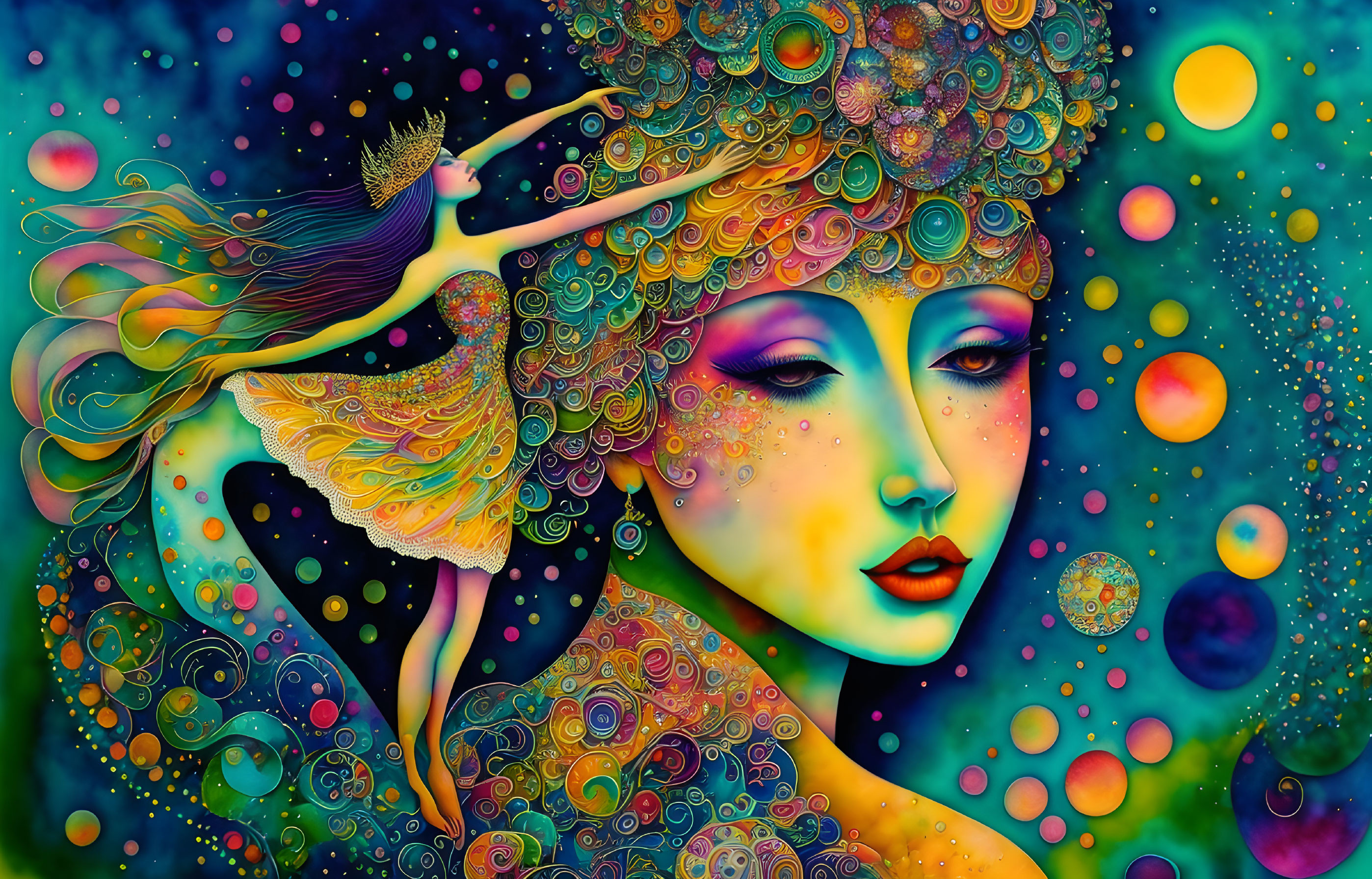 Colorful Psychedelic Artwork: Female Figure with Ornate Patterns & Celestial Bodies