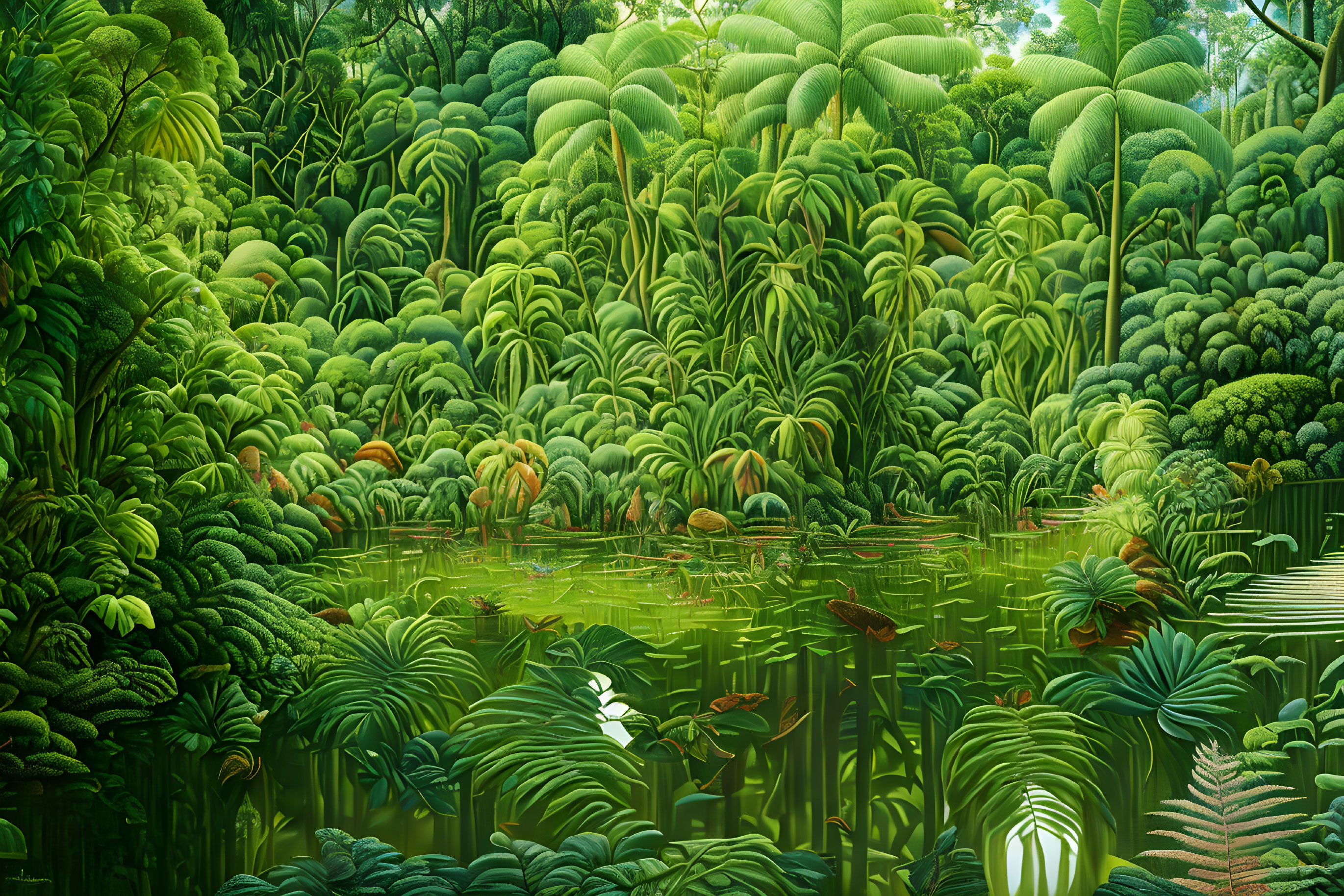 Lush Green Forest with Dense Foliage and Reflecting Water