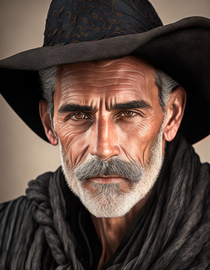 Distinguished man with grizzled beard and hat in portrait