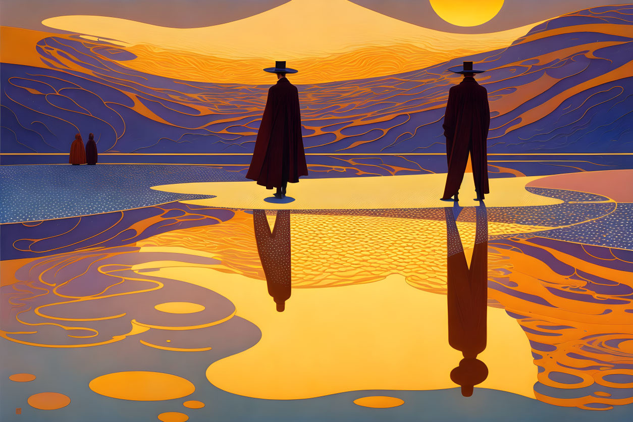 Surreal landscape: silhouetted figures, reflections, orange and blue waves