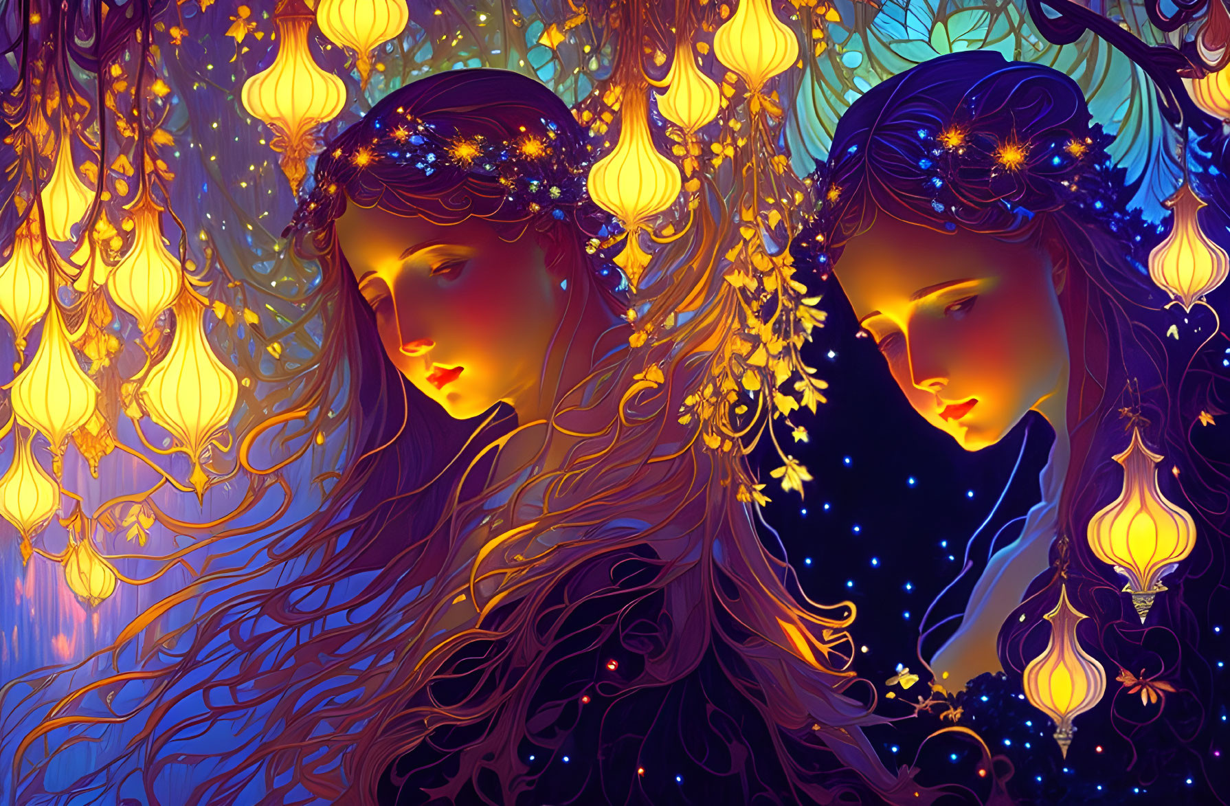 Ethereal female figures with glowing crowns in luminous floral setting