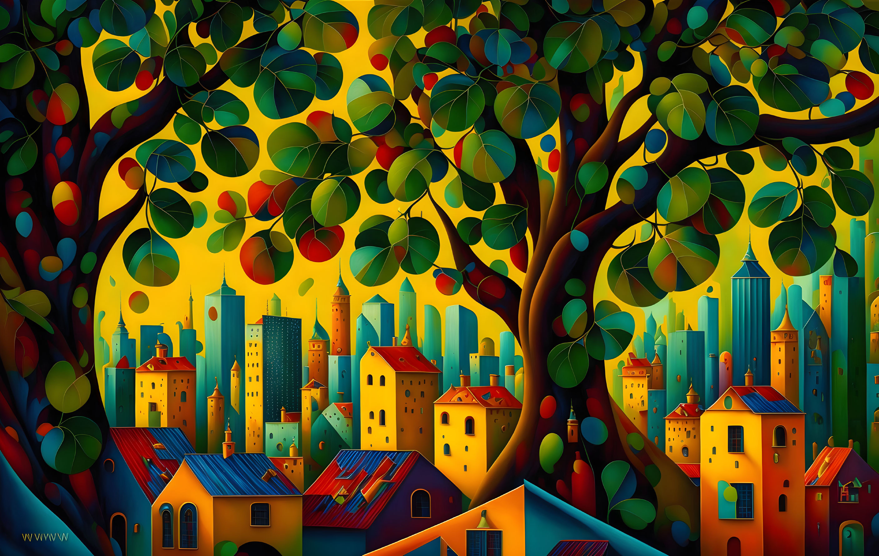 Colorful cityscape beneath stylized multicolored tree canopy