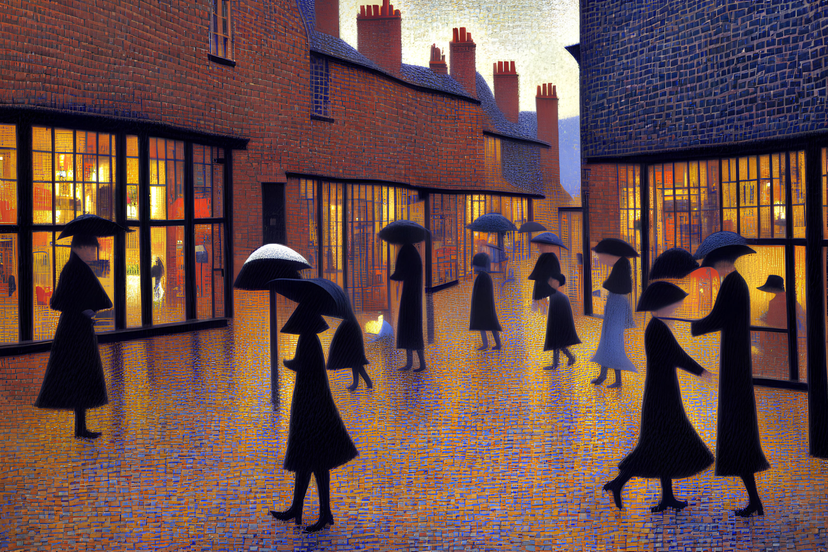 Silhouetted figures with umbrellas on rain-slicked cobblestone street.