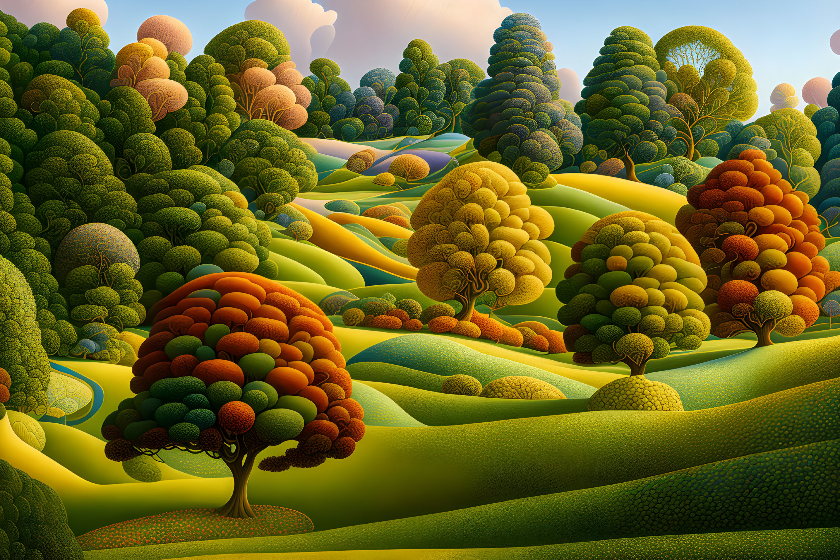 Colorful landscape with rolling hills and vibrant trees in green, yellow, and orange