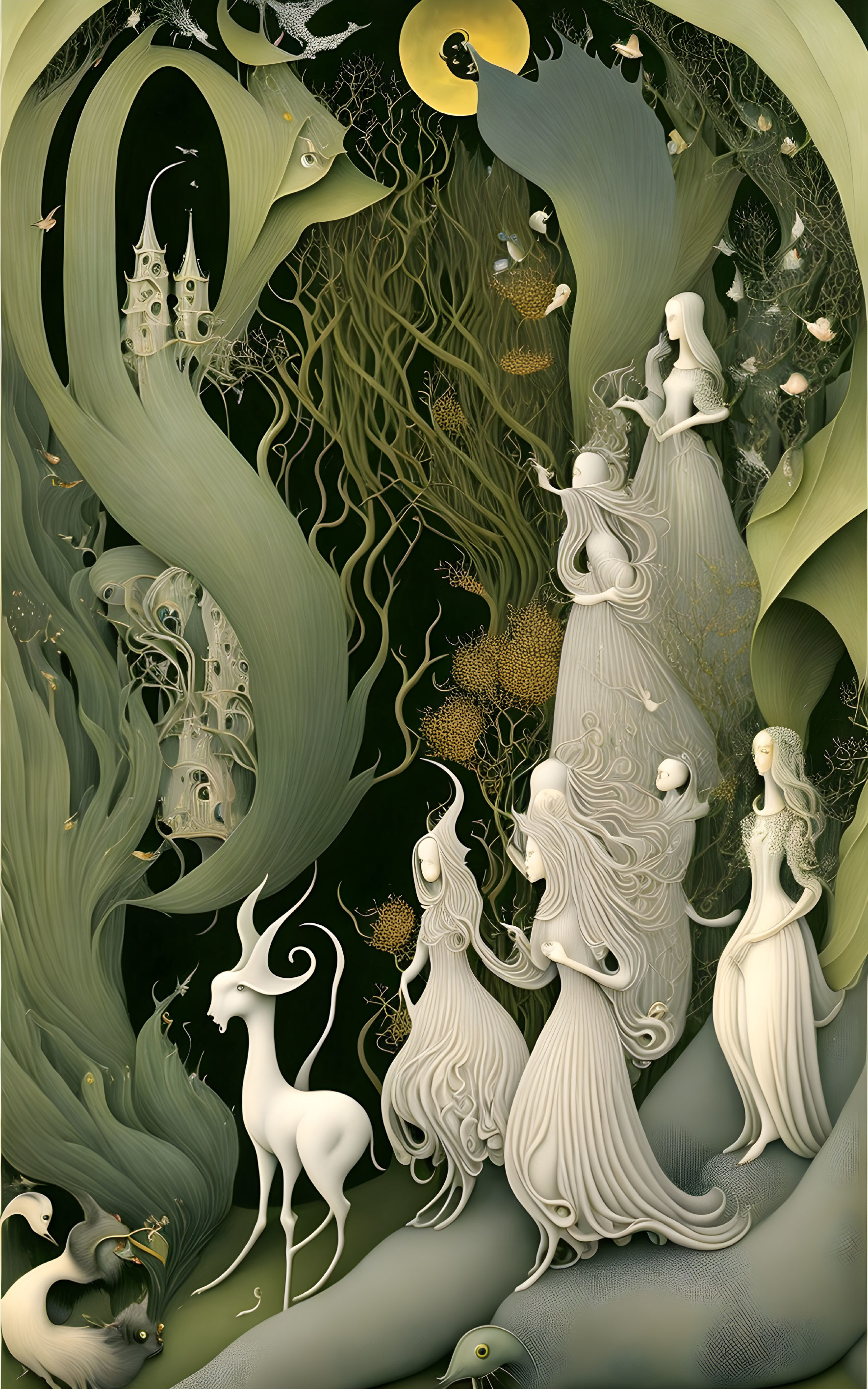 Surreal green-toned illustration with ethereal women, white deer, and intricate organic patterns