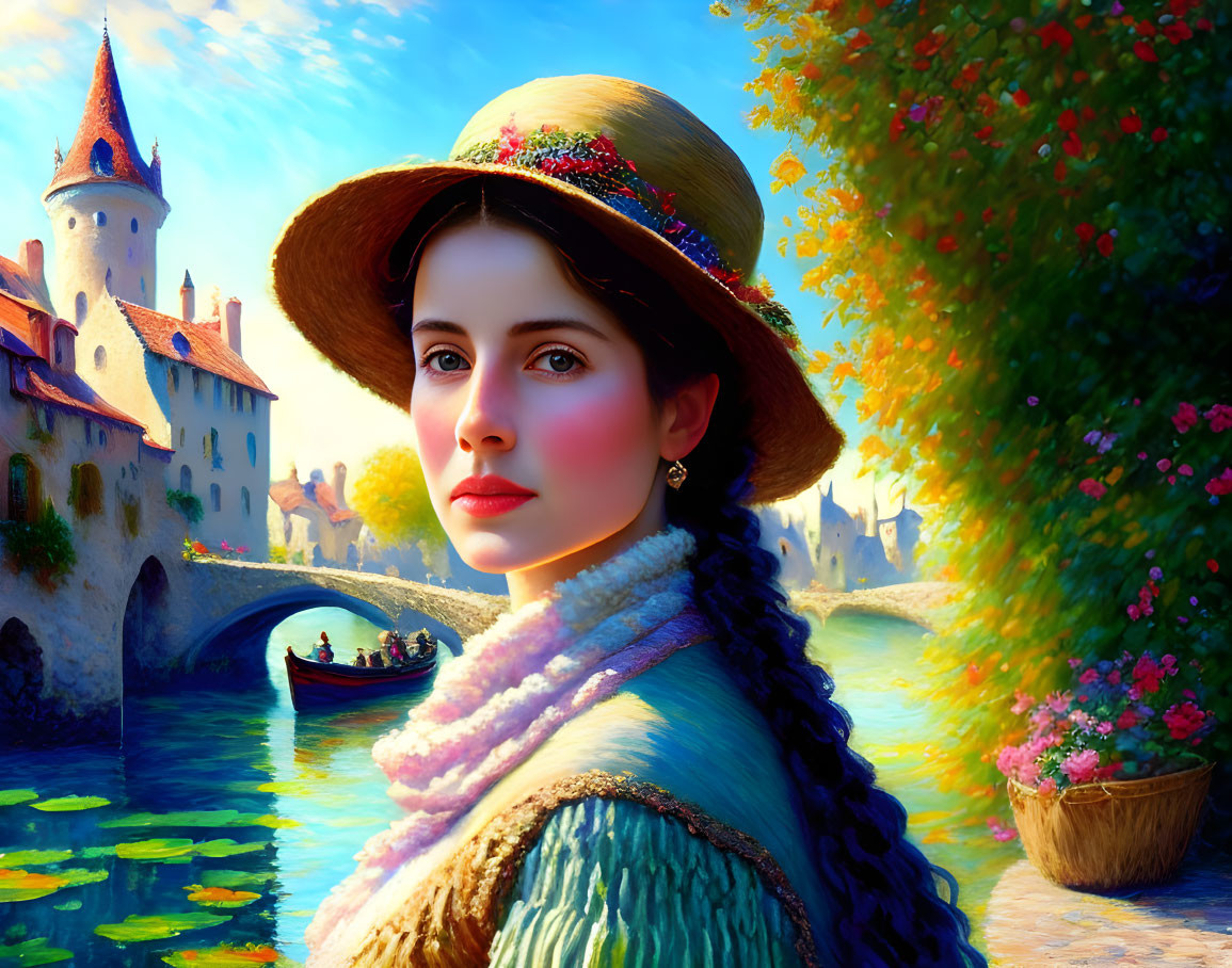 Digital painting of young woman in vintage clothing with hat in front of scenic village backdrop.