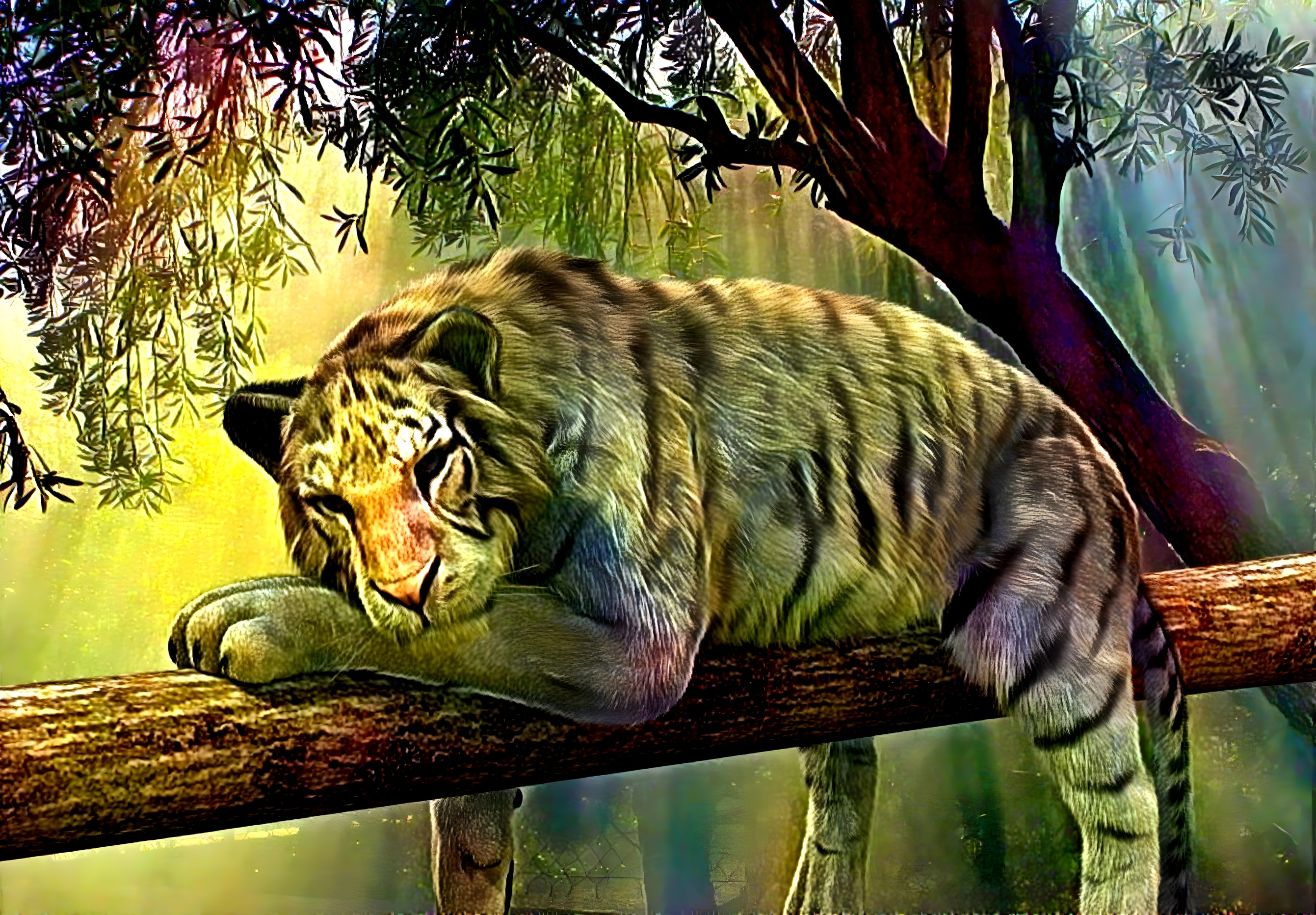 Tiger resting on a log