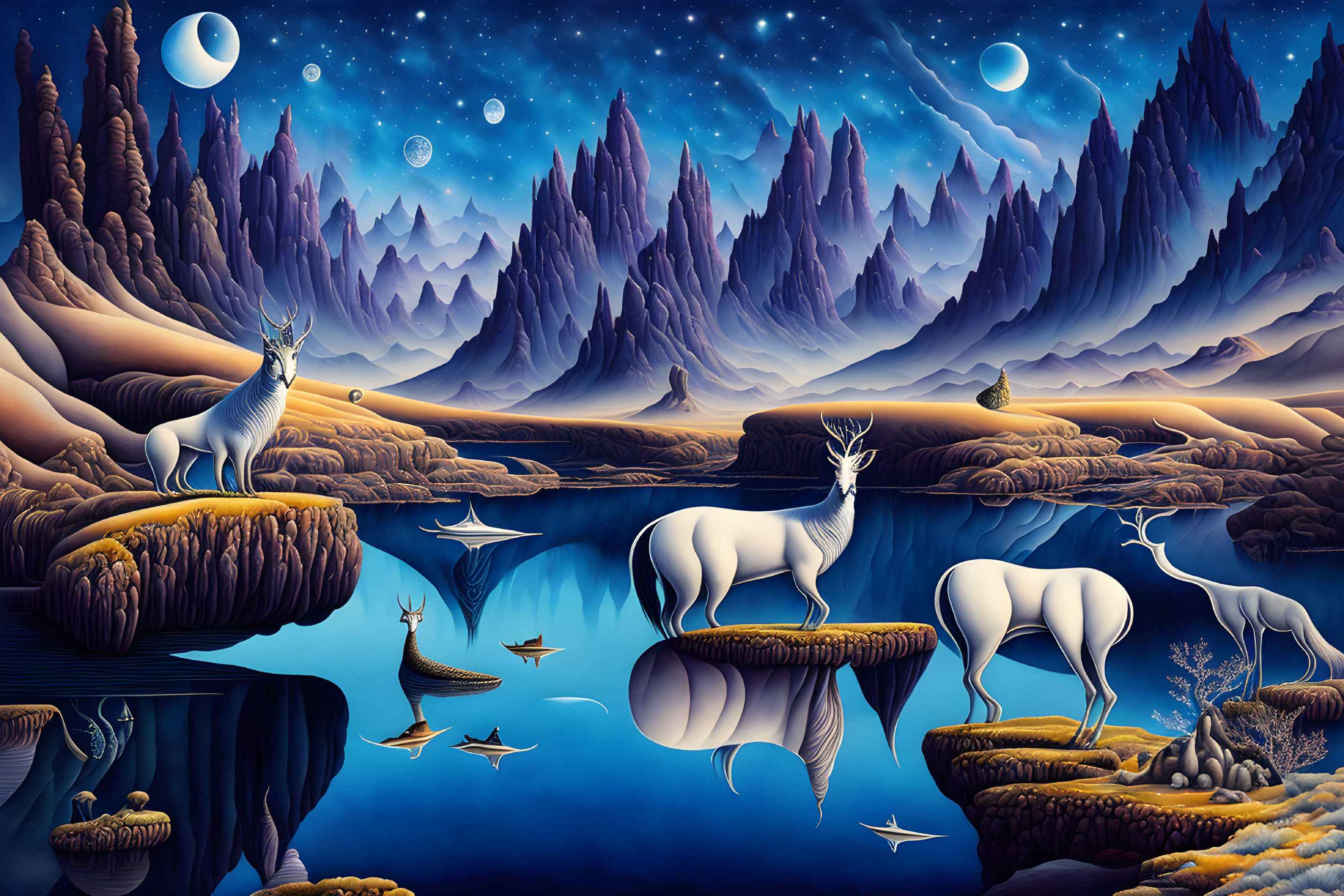 Fantastical landscape with white unicorns, floating islands, and purple mountains