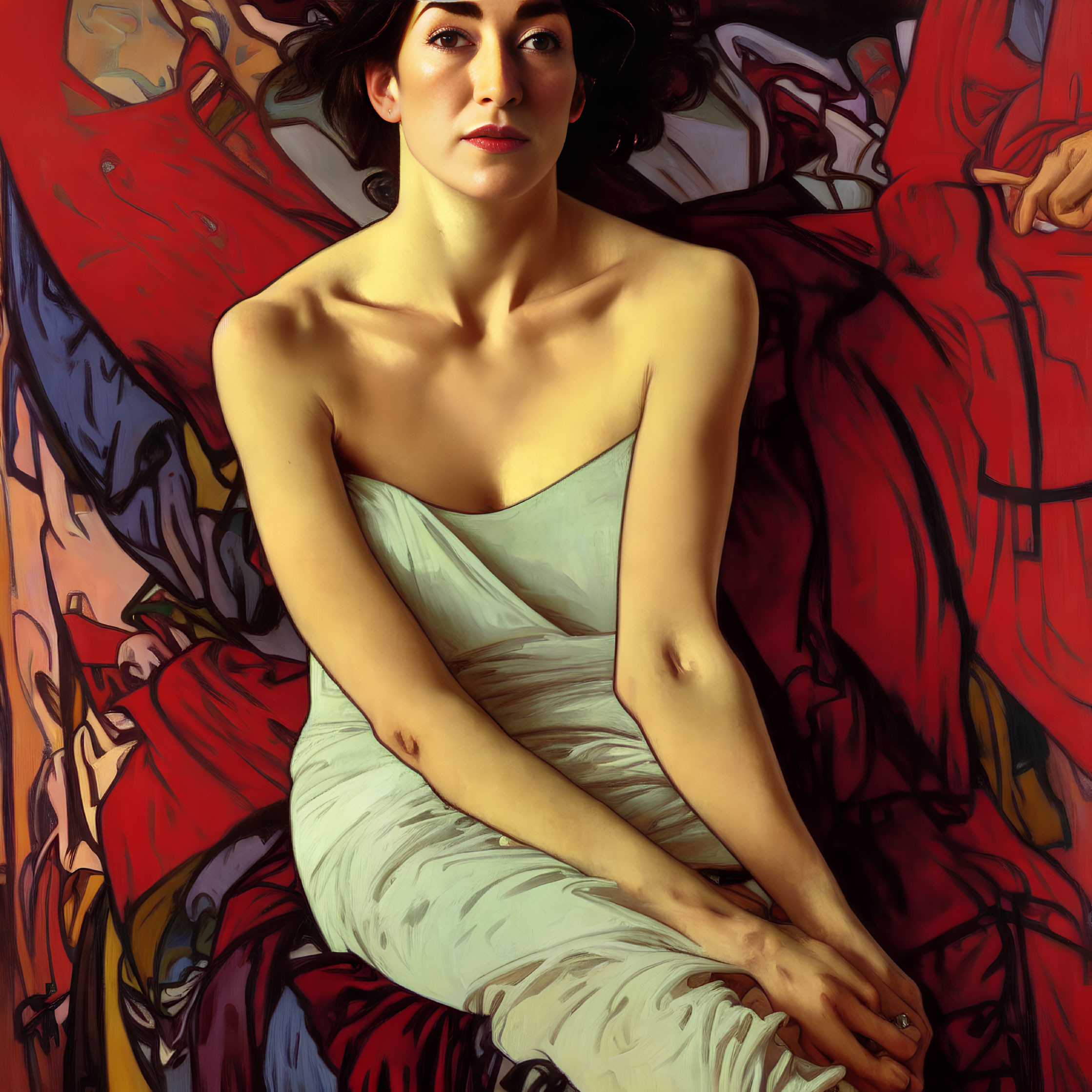 Serene woman in light dress surrounded by vivid abstract forms