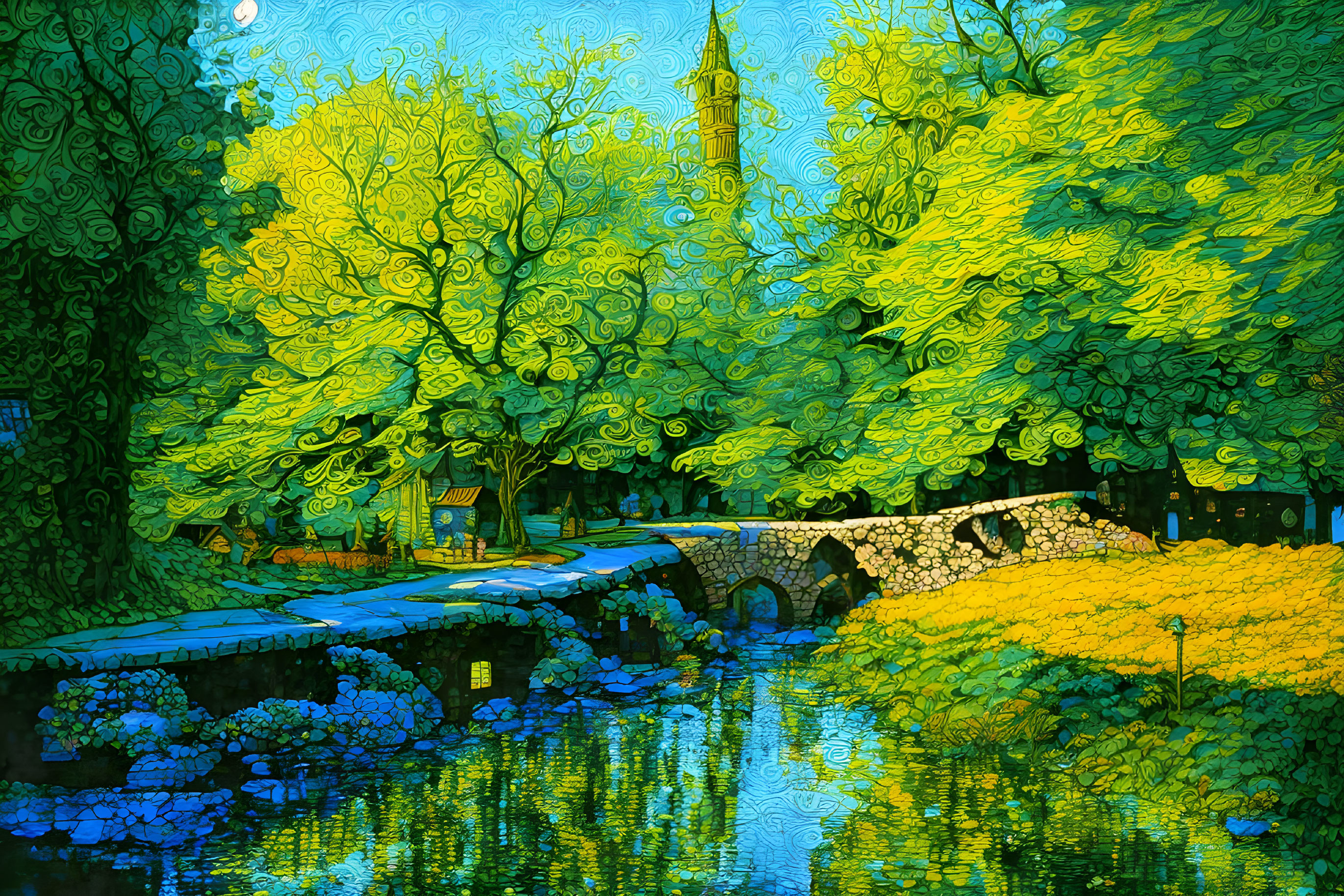 Colorful landscape painting with bridge, river, and church spire.