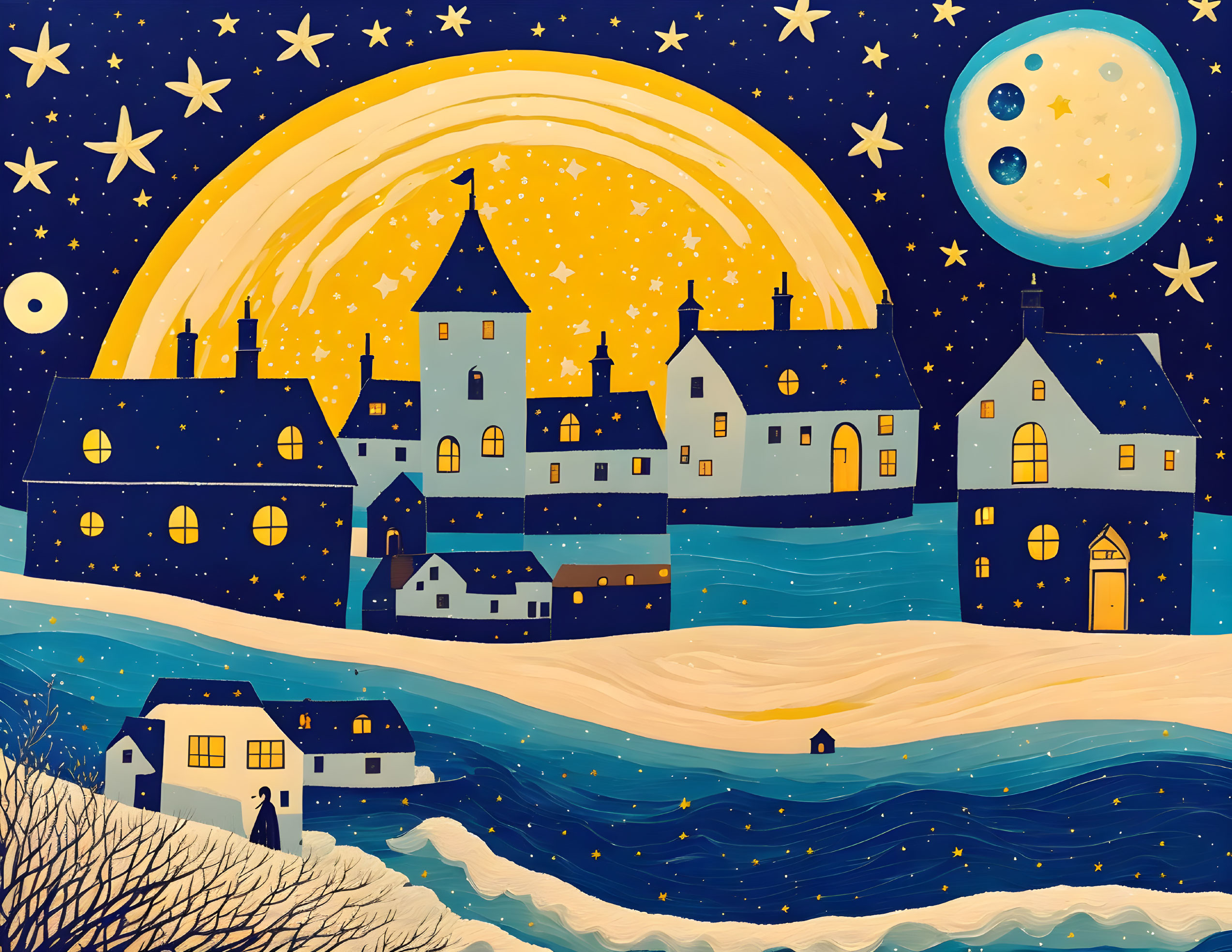 Illustration of whimsical village at night with oversized moon and starry sky