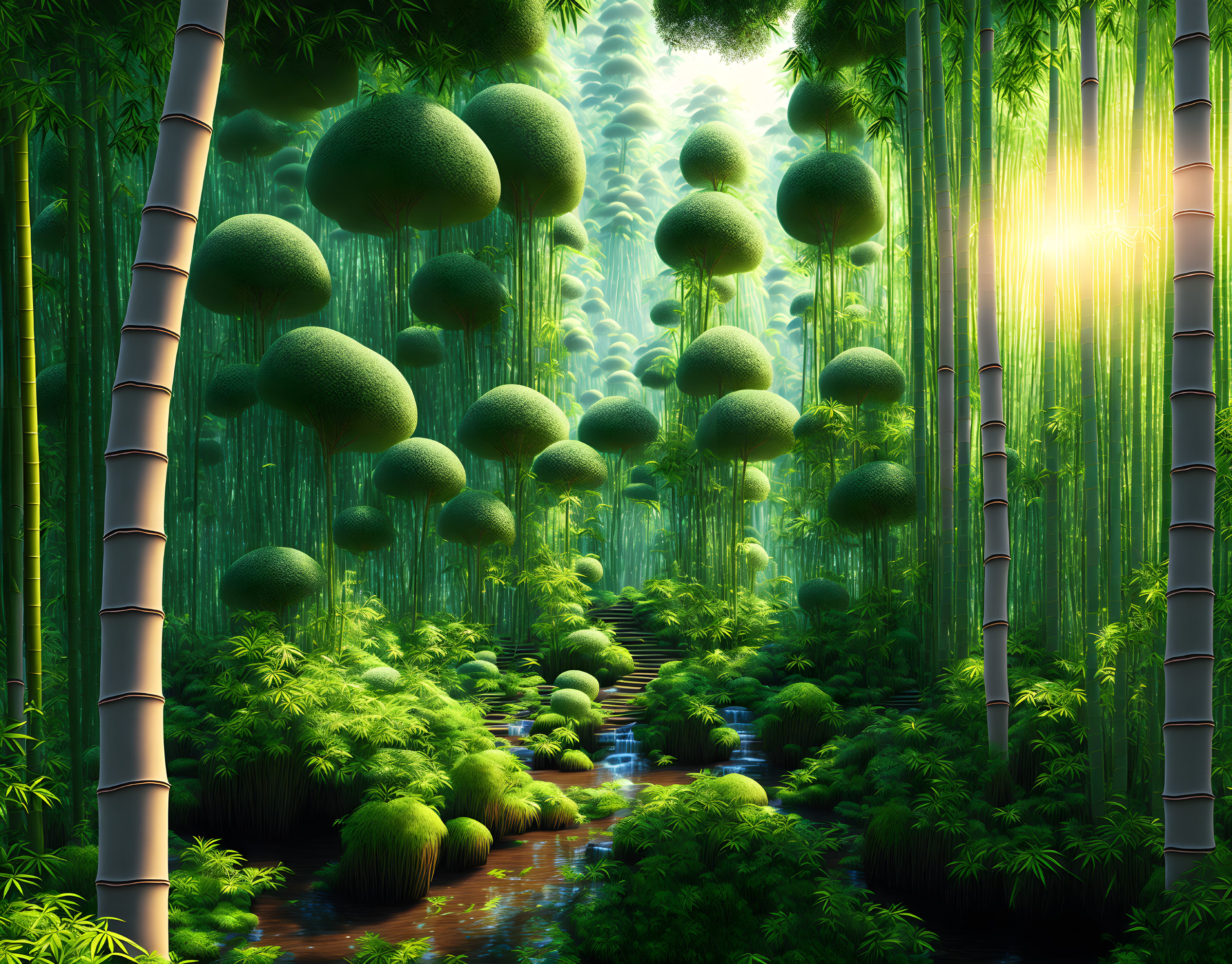 Enchanted forest with giant moss-covered trees and bamboo by a stream