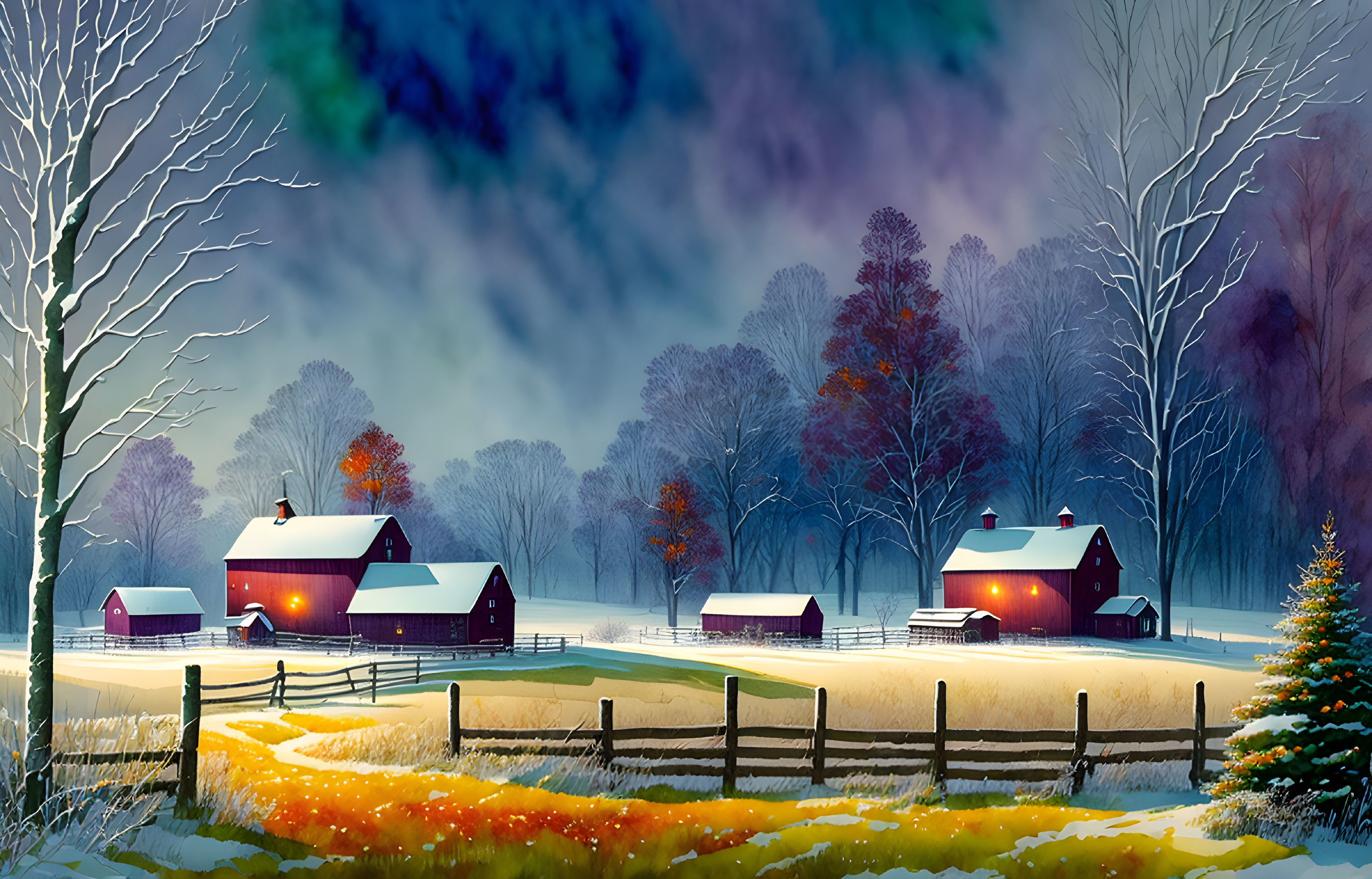 Snow-covered red barns and leafless trees in twilight winter landscape